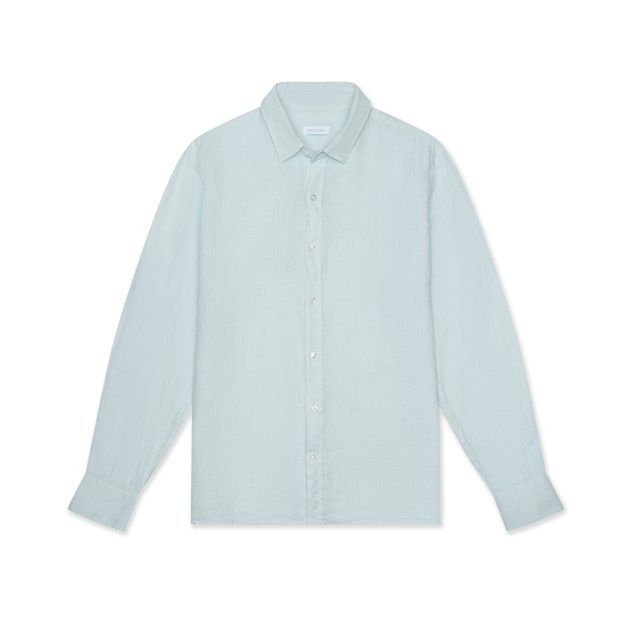 OKAICOS Baby Blue Linen Button Down Shirt Unisex Front