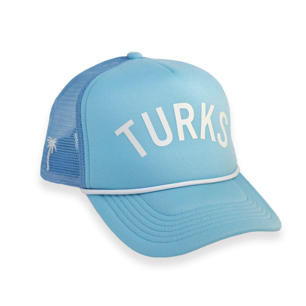OKAICOS Baby Blue Turks and Caicos Trucker Hat Turks White Print Front View