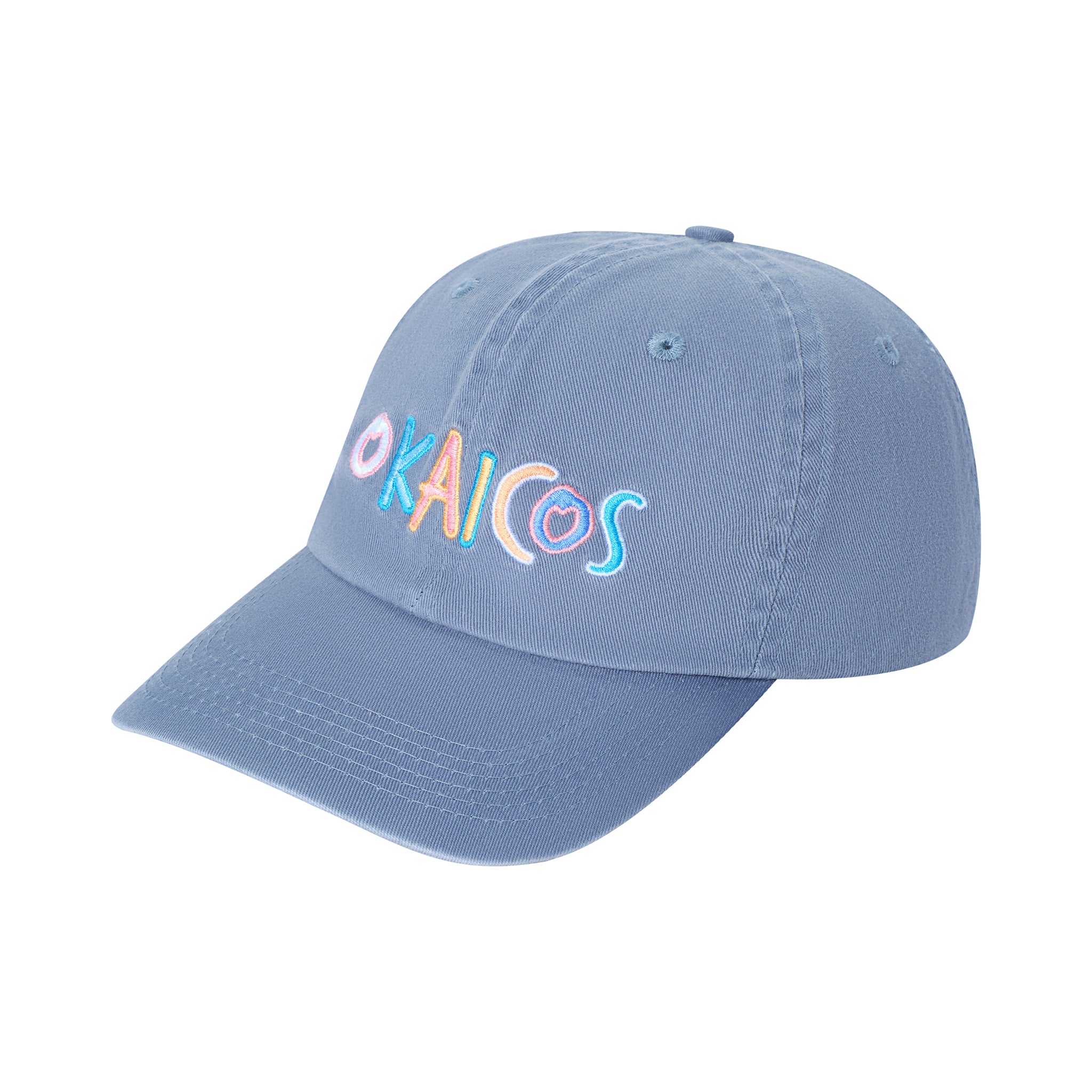 Blue cap with colorful 'OKAICOS' logo on a white background