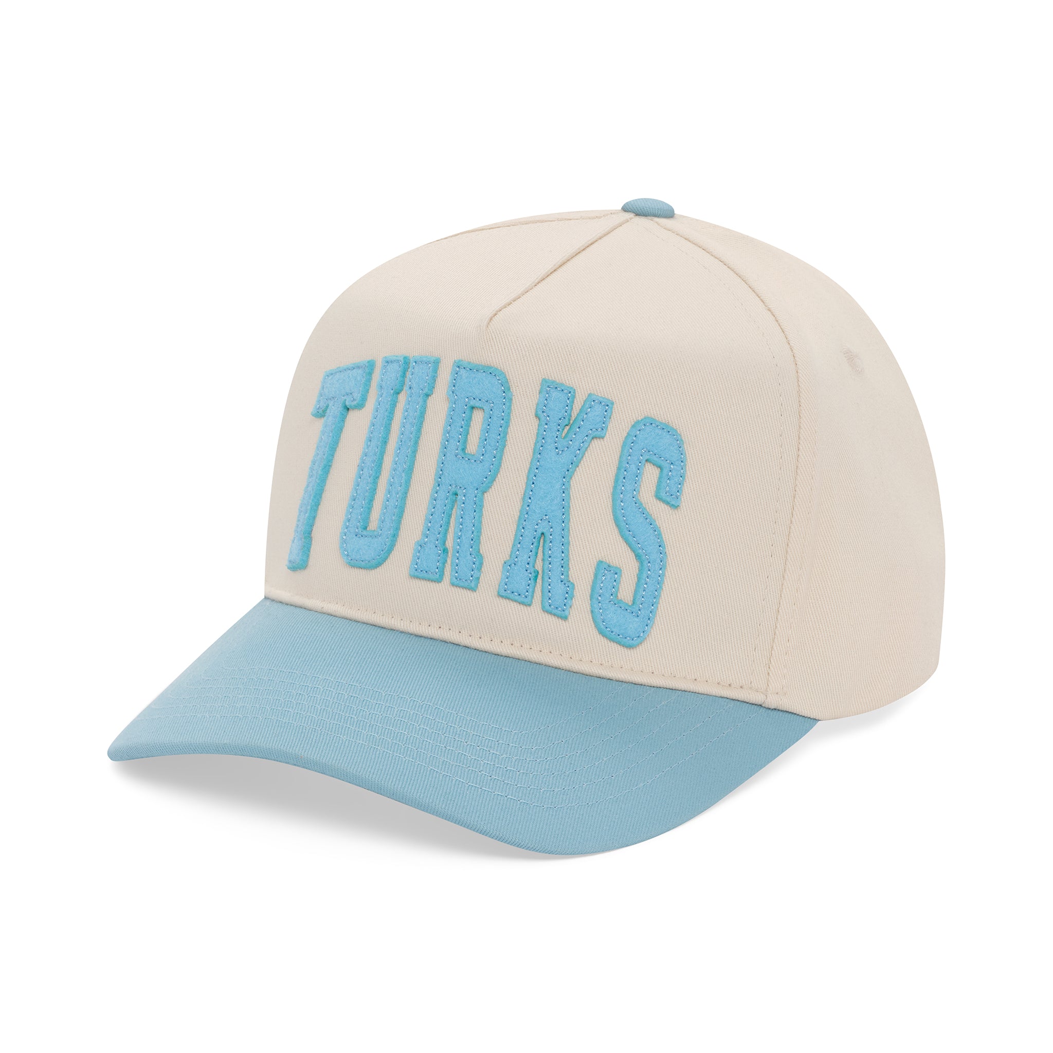 Beige and light blue cap with 'TURKS' text on a white background