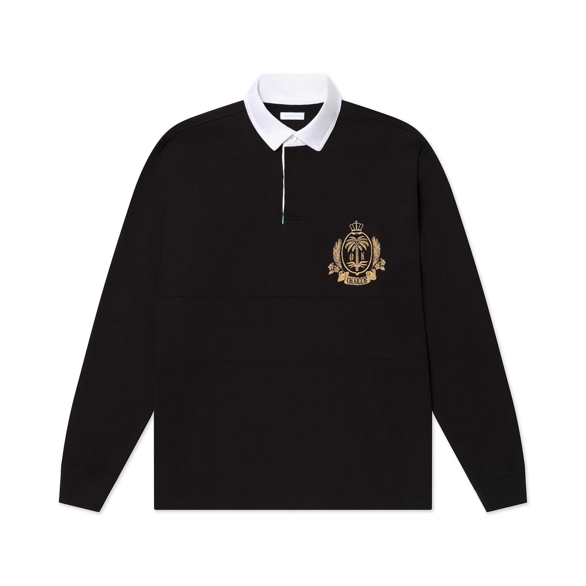 OKAICOS Black Okaicos Rugby Polo Embroidered Cotton Shirt Flat Lay
