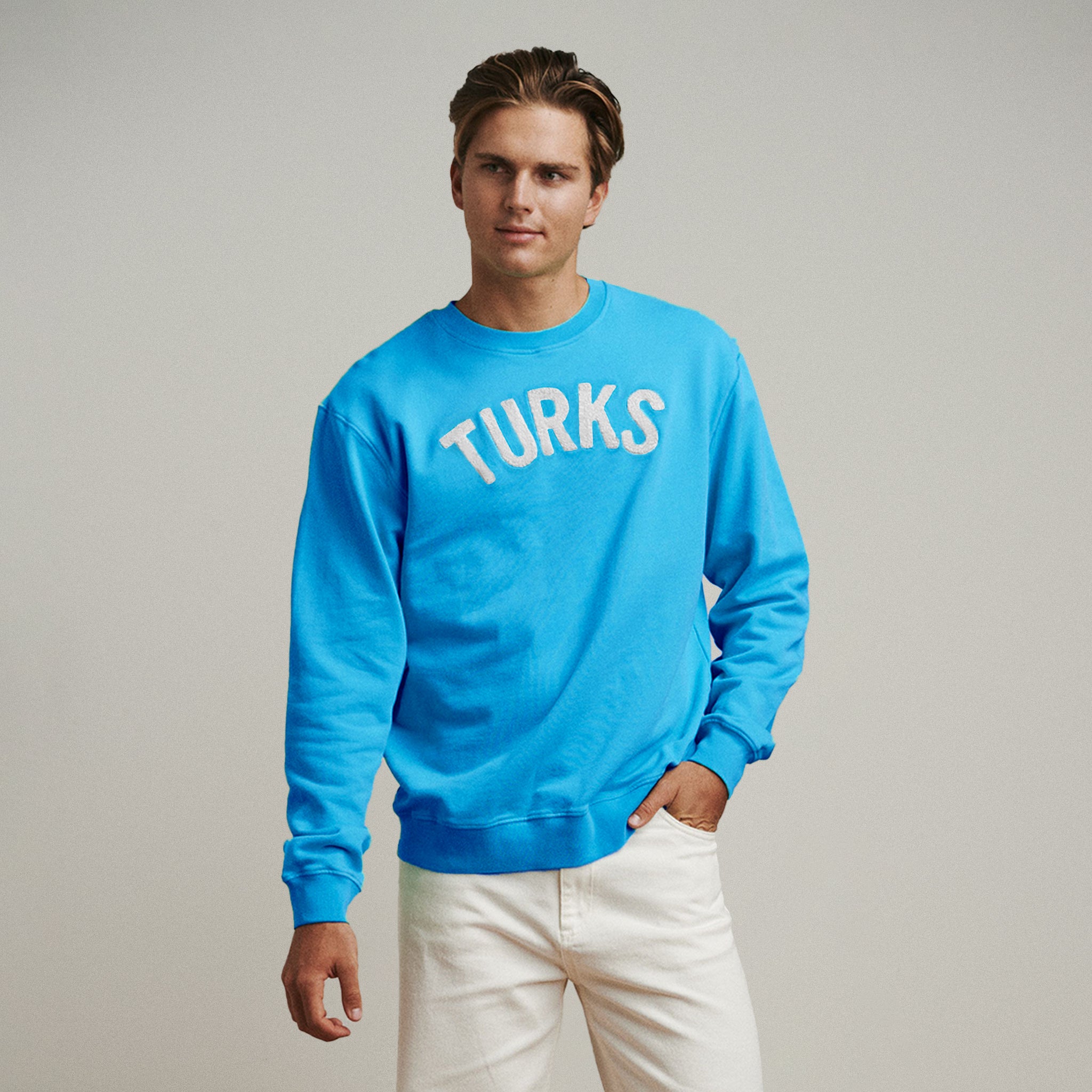 OKAICOS Blue Turks Chenille Embroidered Crewneck Cotton Sweatshirt Turks And Caicos Front