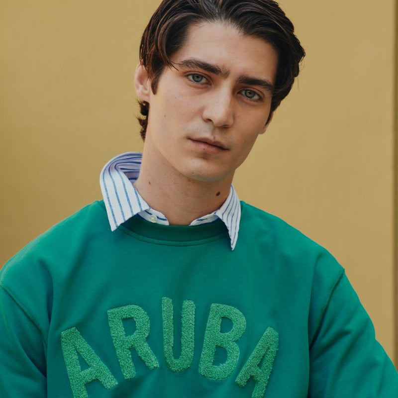 OKAICOS Green Aruba Chenille Embroidered Crewneck Cotton Sweatshirt Aruba Front