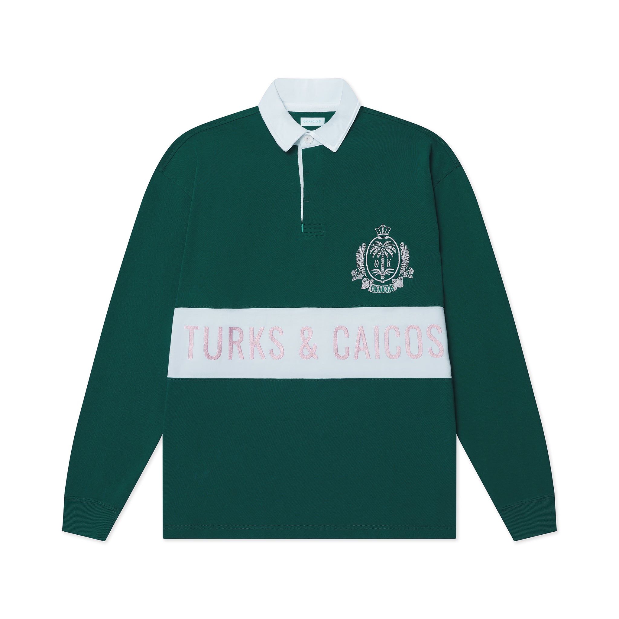 OKAICOS Green Turks And Caicos Rugby Polo Embroidered Cotton Shirt Flat Lay