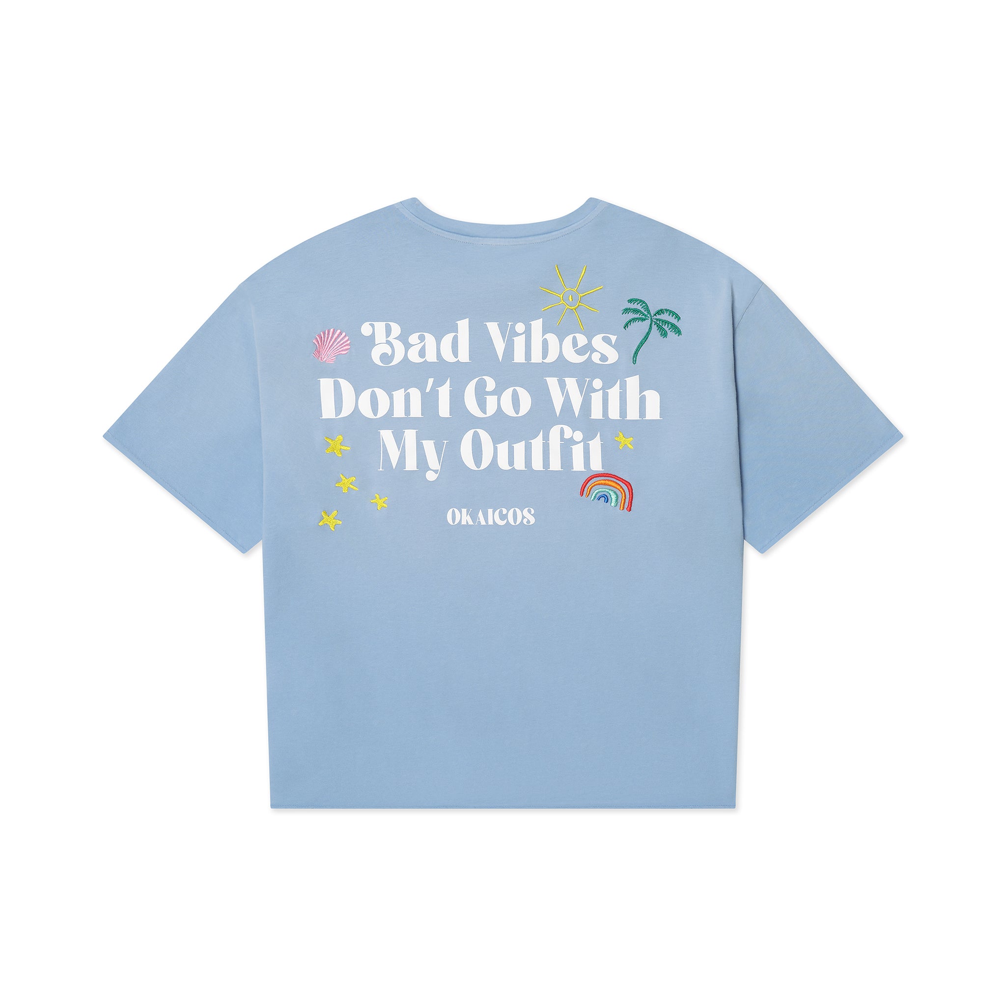 Light blue t-shirt with text and graphics on a white background