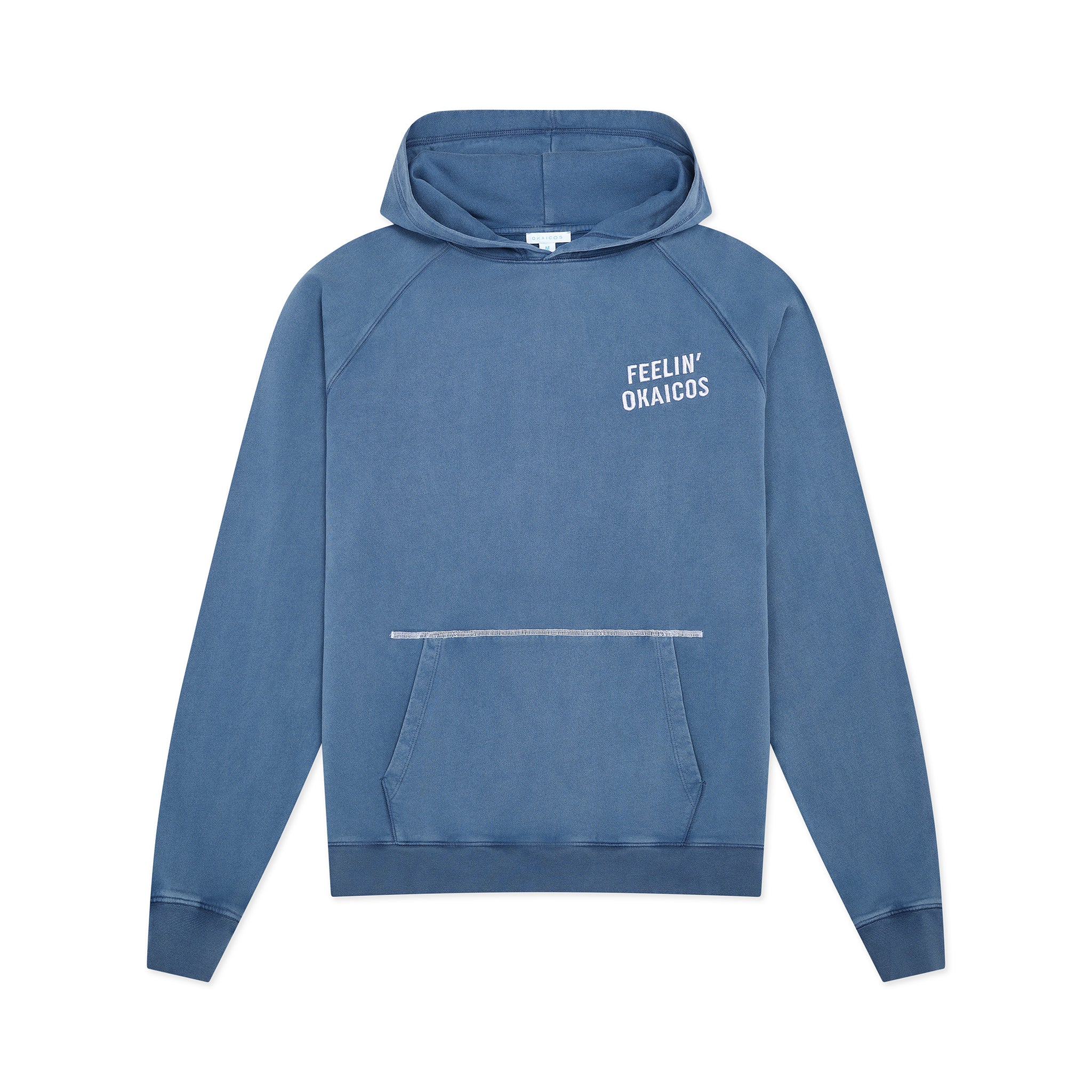 Blue hoodie with 'FEELIN' ORACIOUS' text on a white background