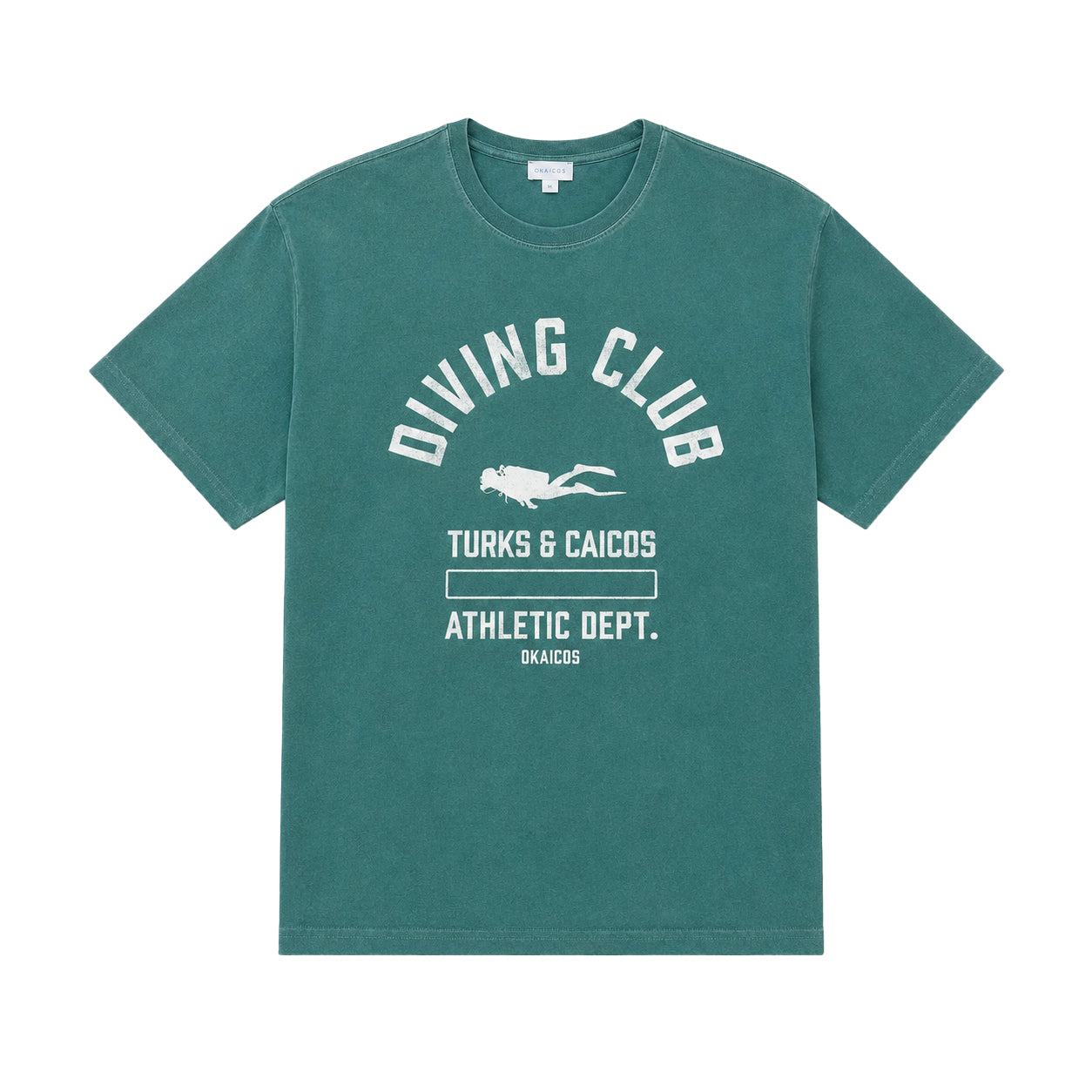 A teal green short-sleeve t-shirt with a white graphic print on the front that reads 'DIVING CLUB' and 'TURKS & CAICOS ATHLETIC DEPT. SKACOS'.