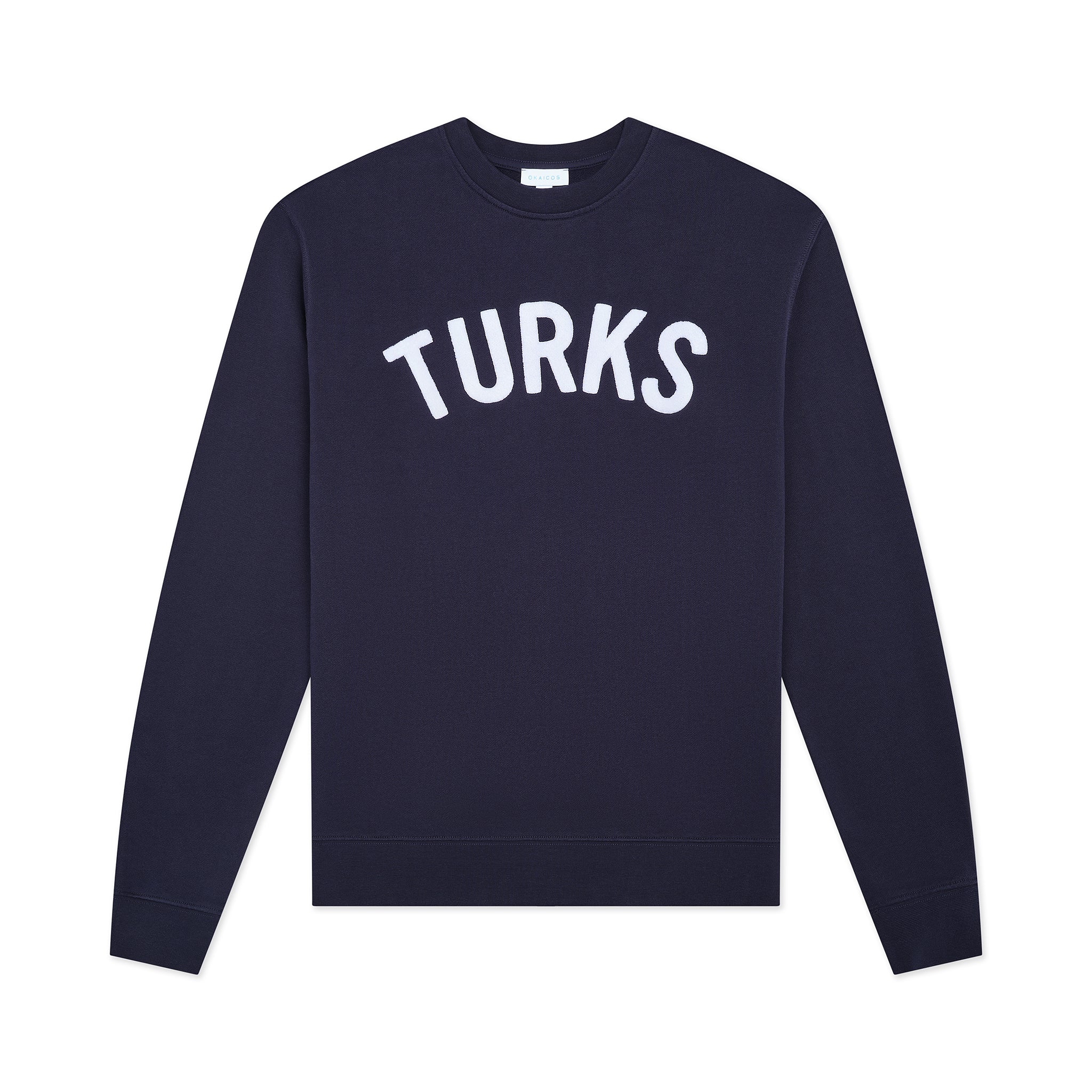 Navy blue sweatshirt with 'TURKS' text on a white background