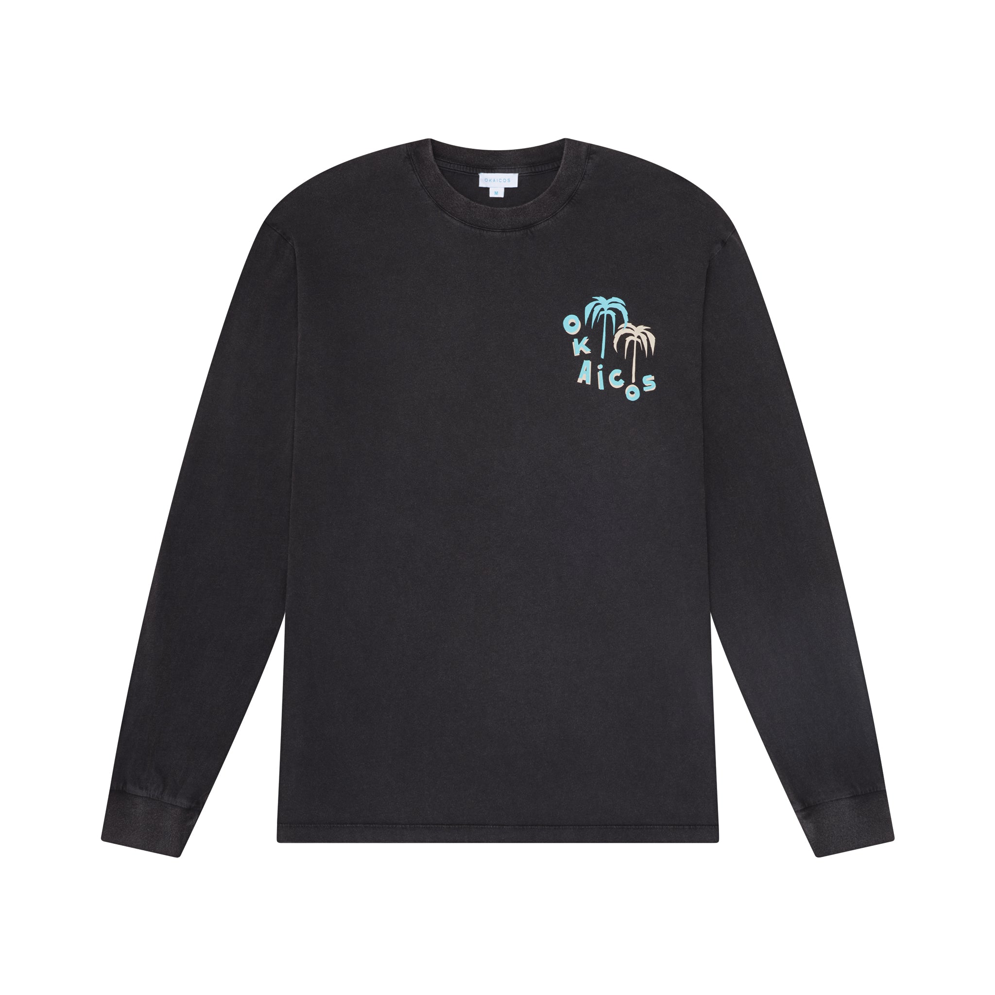 Black long-sleeve shirt with a palm tree design and text on a white background