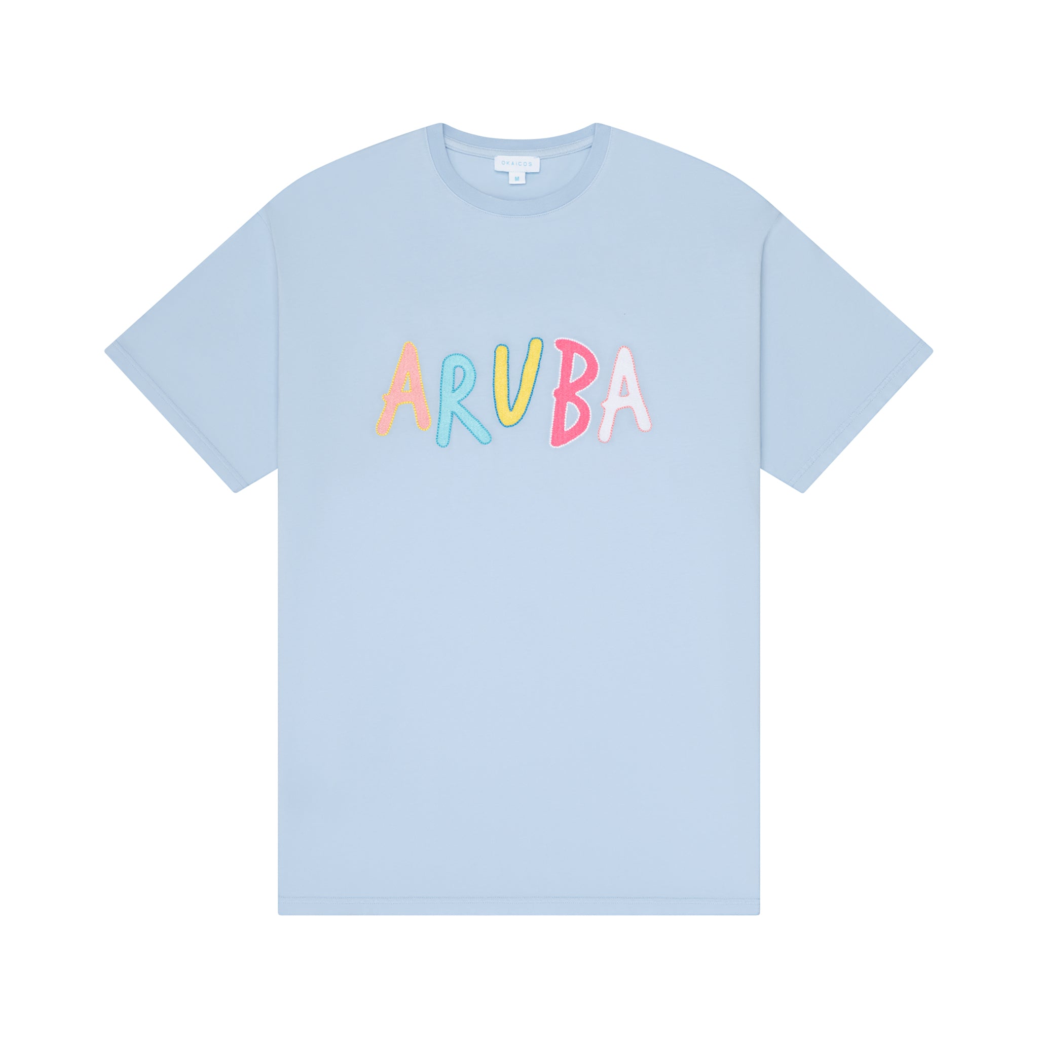 Light blue t-shirt with 'ARUBA' in colorful letters on a white background