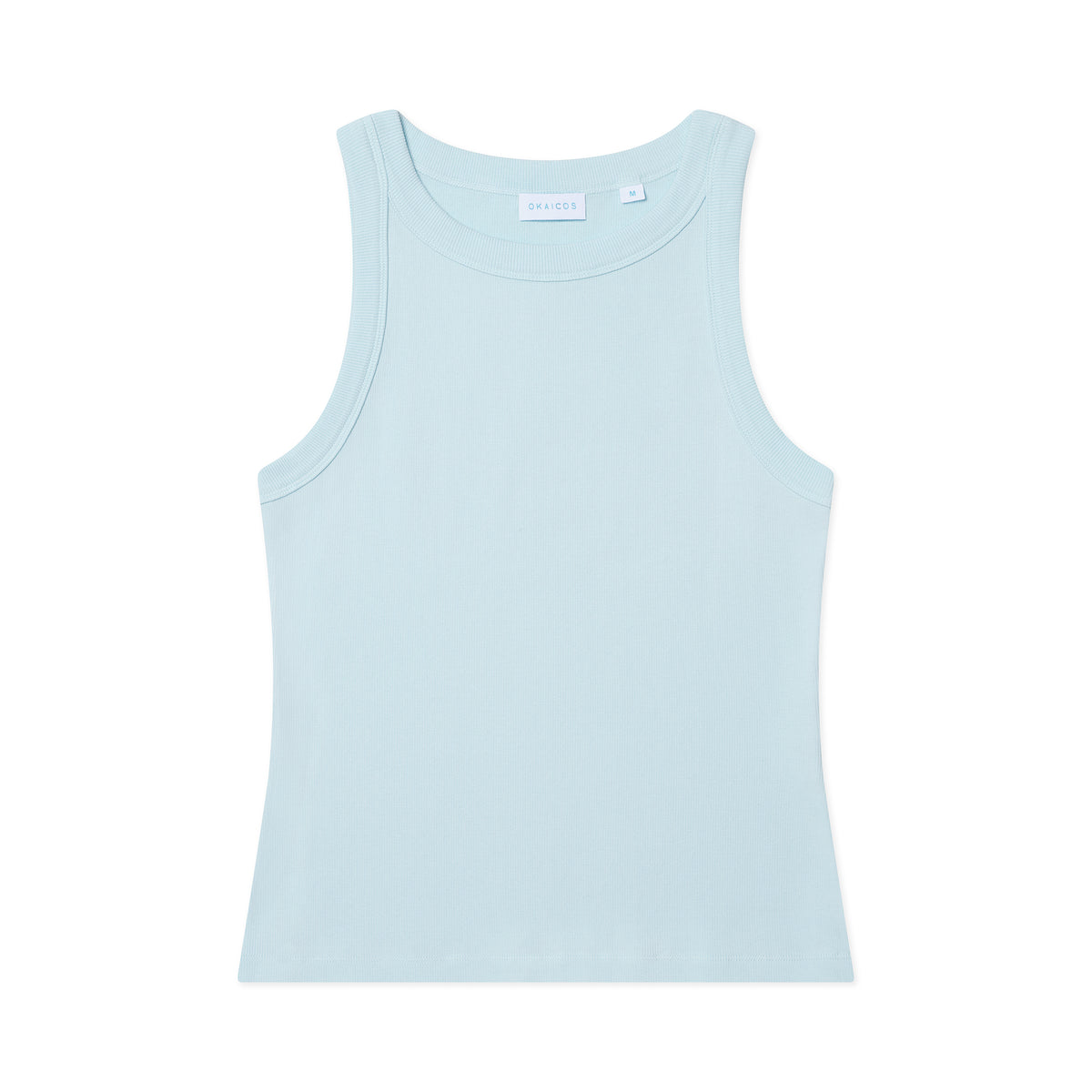A light blue sleeveless tank top laid flat against a solid white background.