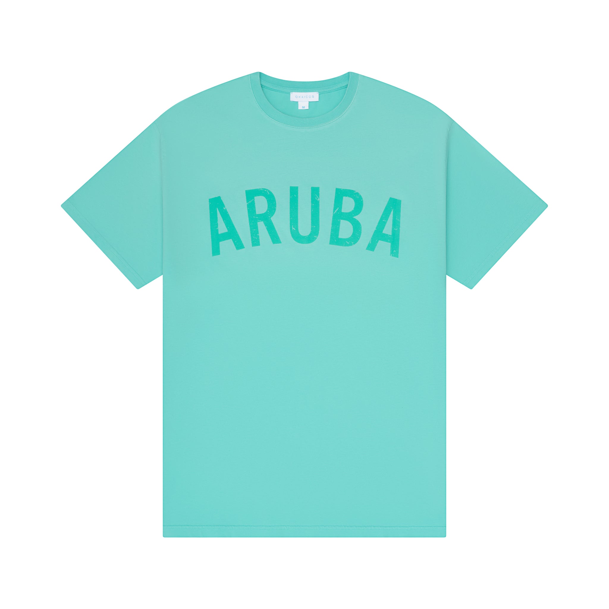 Turquoise t-shirt with 'ARUBA' text on a white background