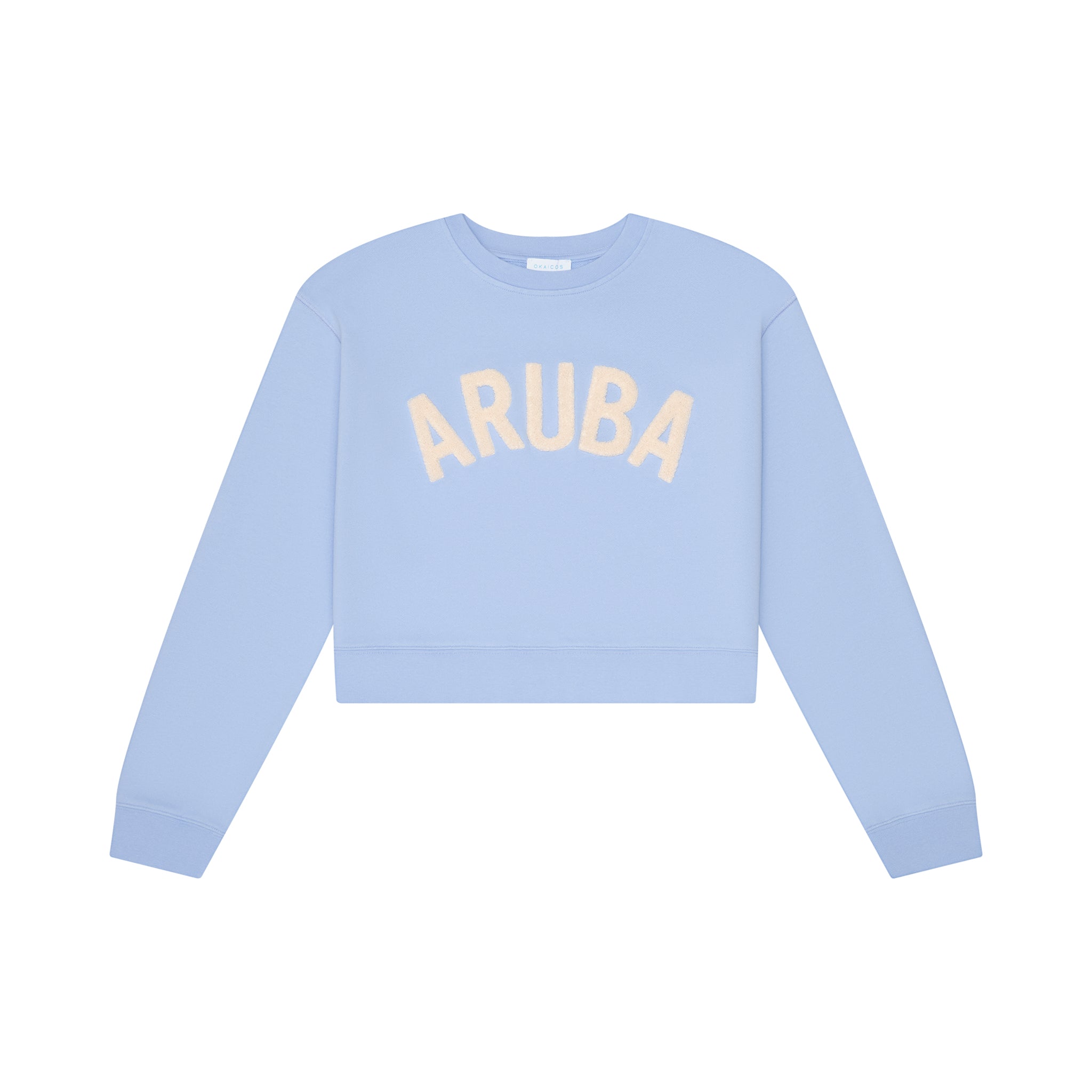 Okaicos Periwinkle Aruba Chenille Embroidered Crewneck Crop Top Cotton Sweatshirt