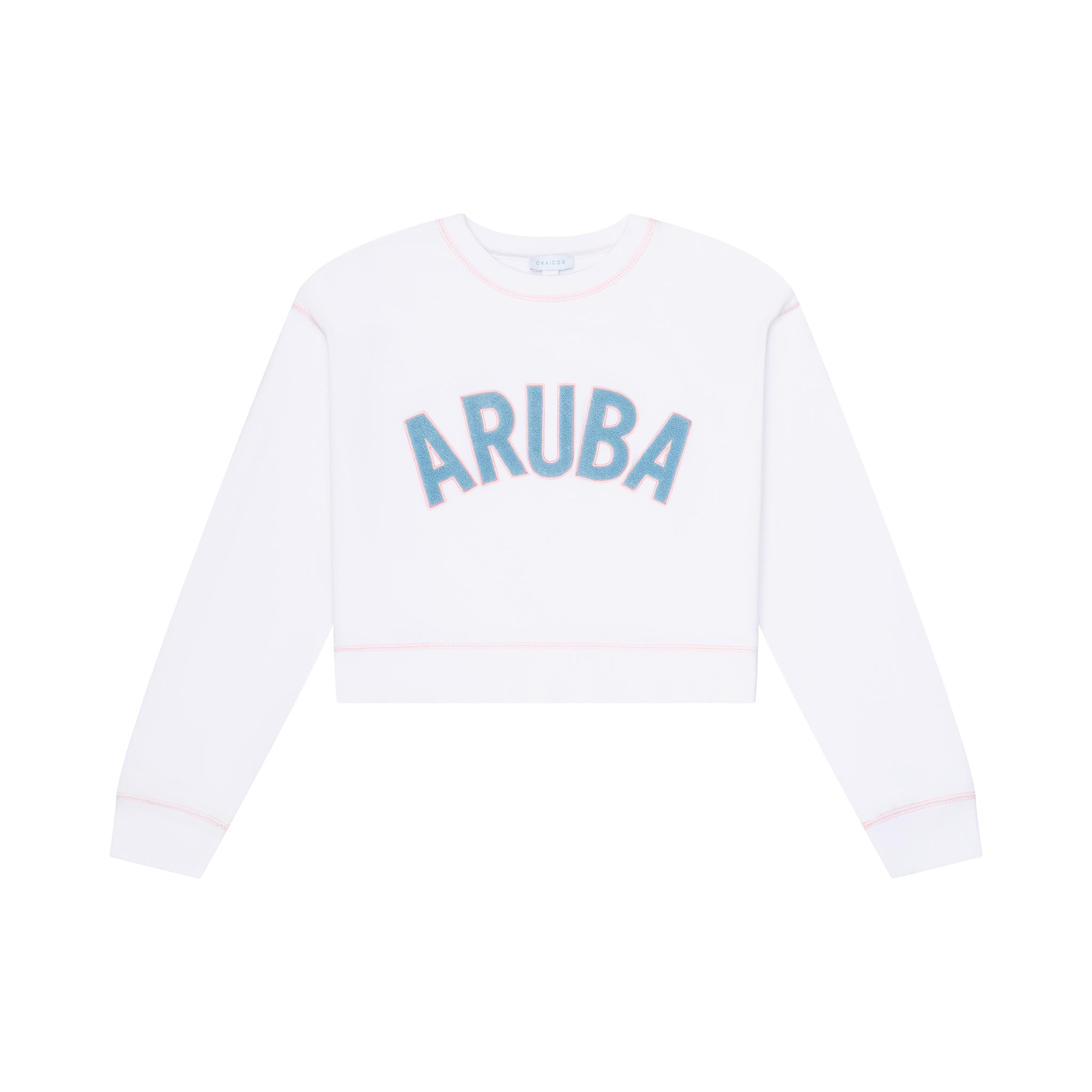 White sweatshirt with 'ARUBA' printed on the back against a white background