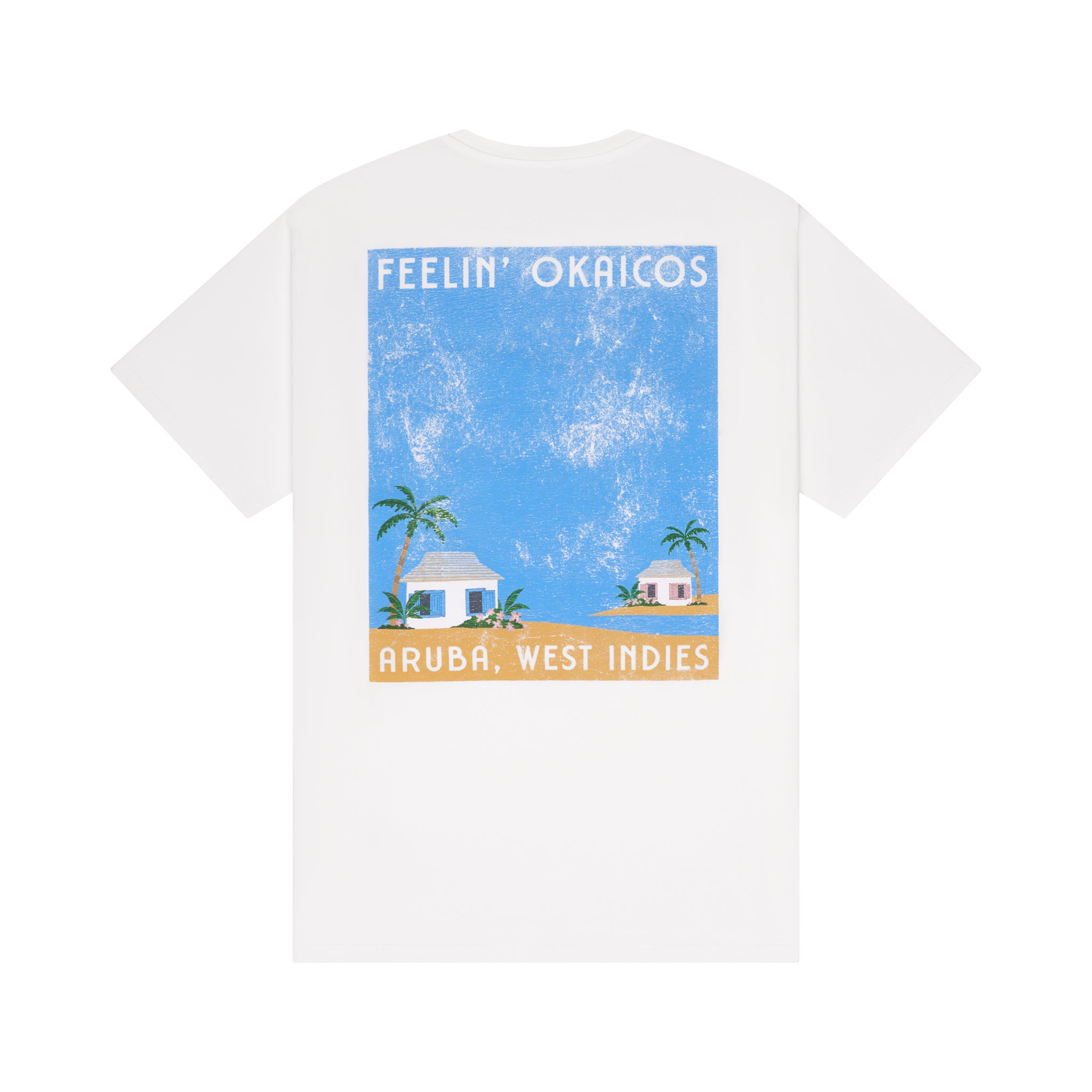 White t-shirt with a tropical graphic and text on a white background