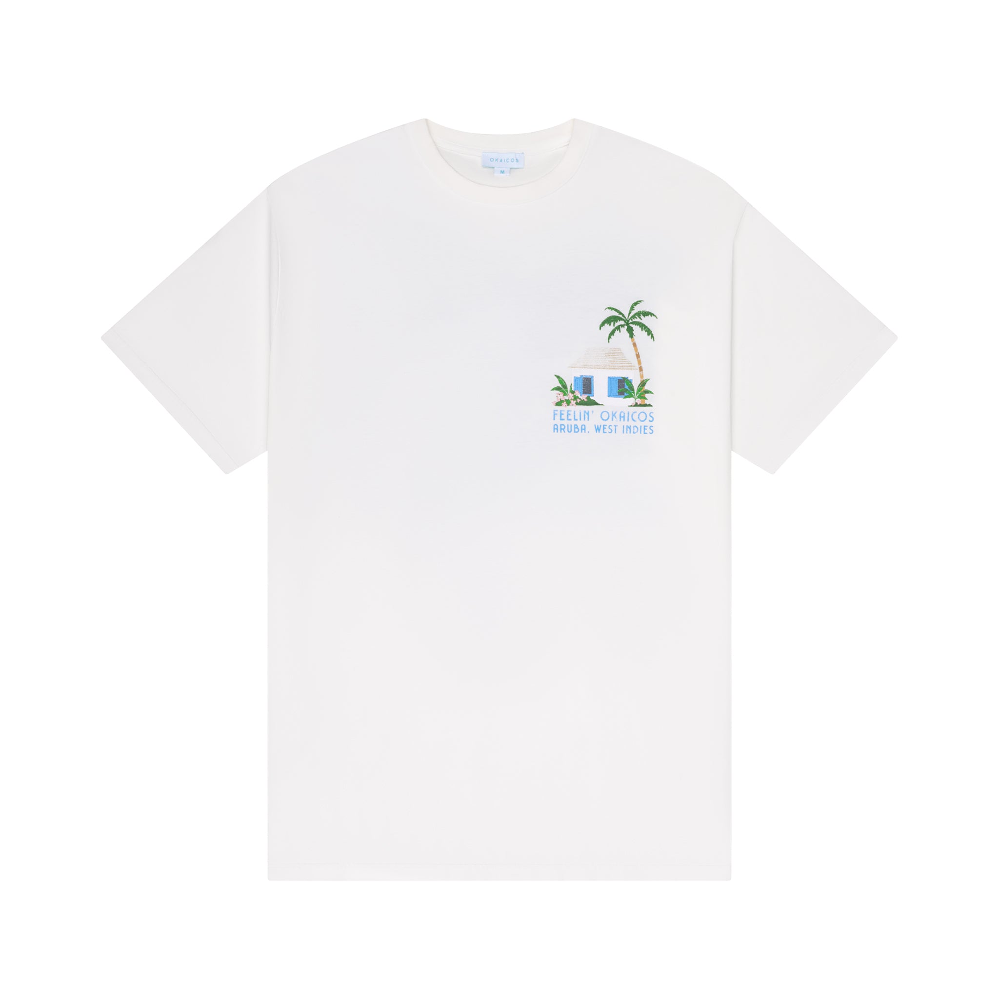 White t-shirt with a palm tree design on a white background