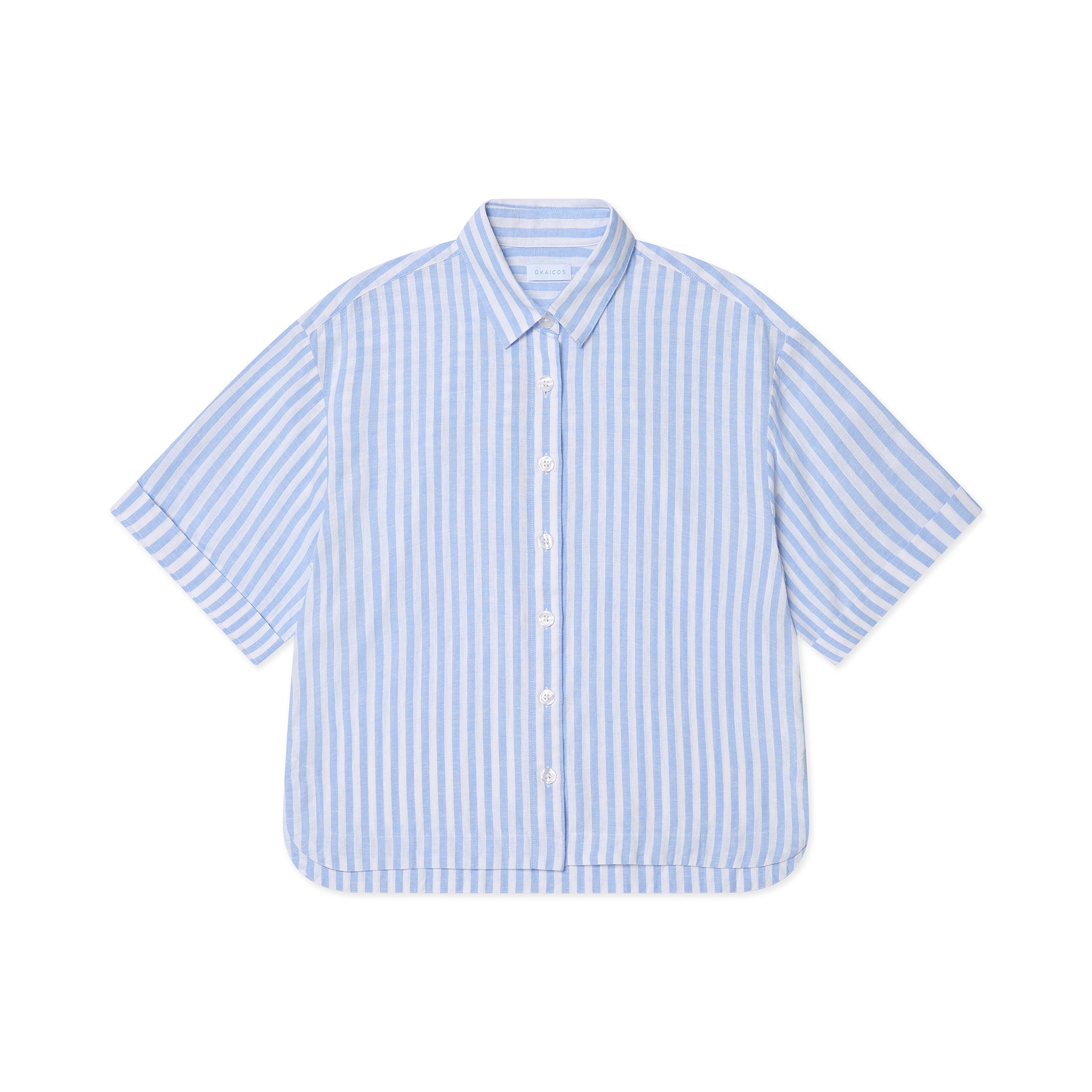 Blue and white striped short-sleeve shirt on a white background