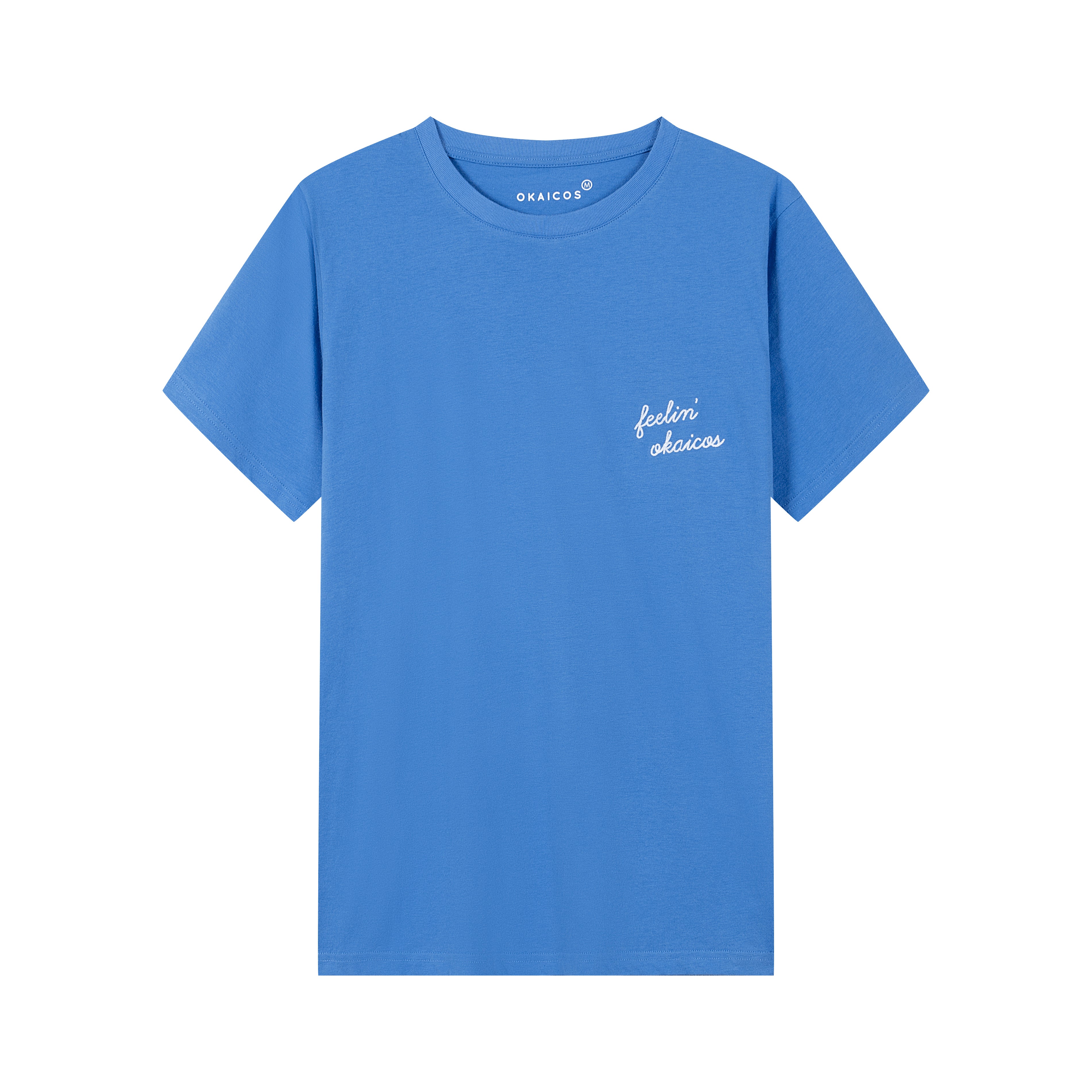 OKAICOS Blue Lightweight Breathable TShirt Feelin OKAICOS Cursive Chain Stitch Flat Lay