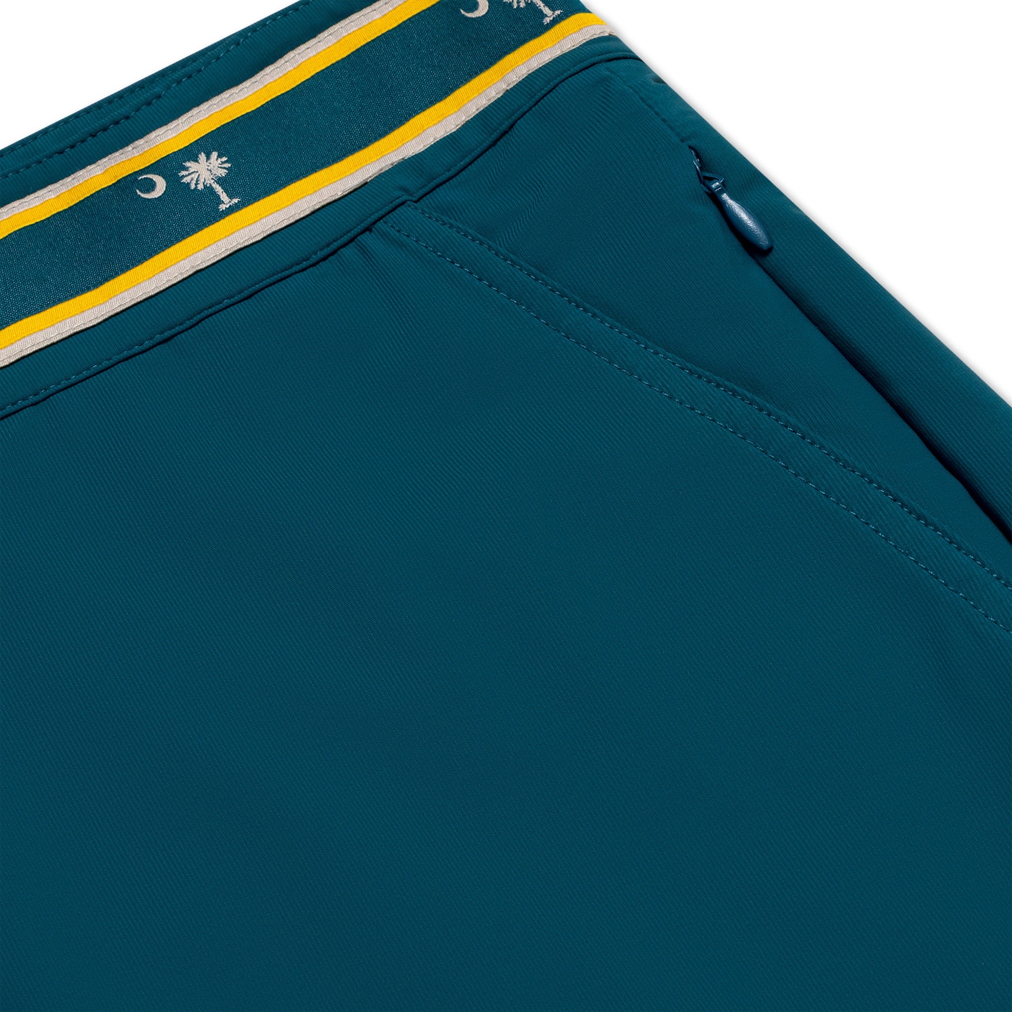 OKAICOS Green South Carolina Palmetto Athletic Mens Swim Trunk Board Short Flat Lay Close Up