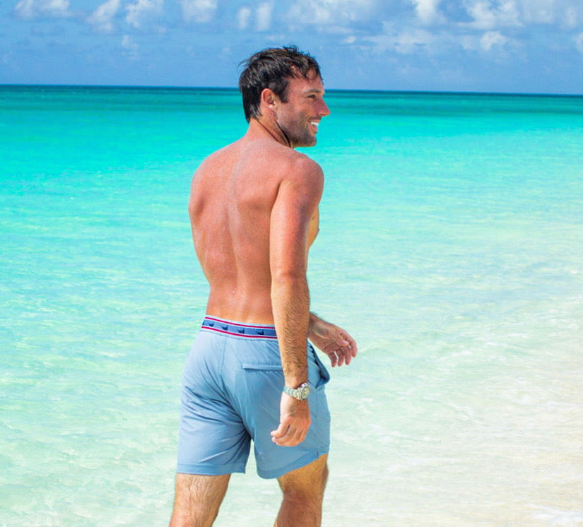 Nantucket Grey Athletic Mens Swim Trunk Walking Caribbean Island Beach Close Up