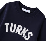 Navy Blue Chenille Embroidered Kids Crewneck Cotton Sweatshirt Embroidered Turks And Caicos Flatlay Close Up