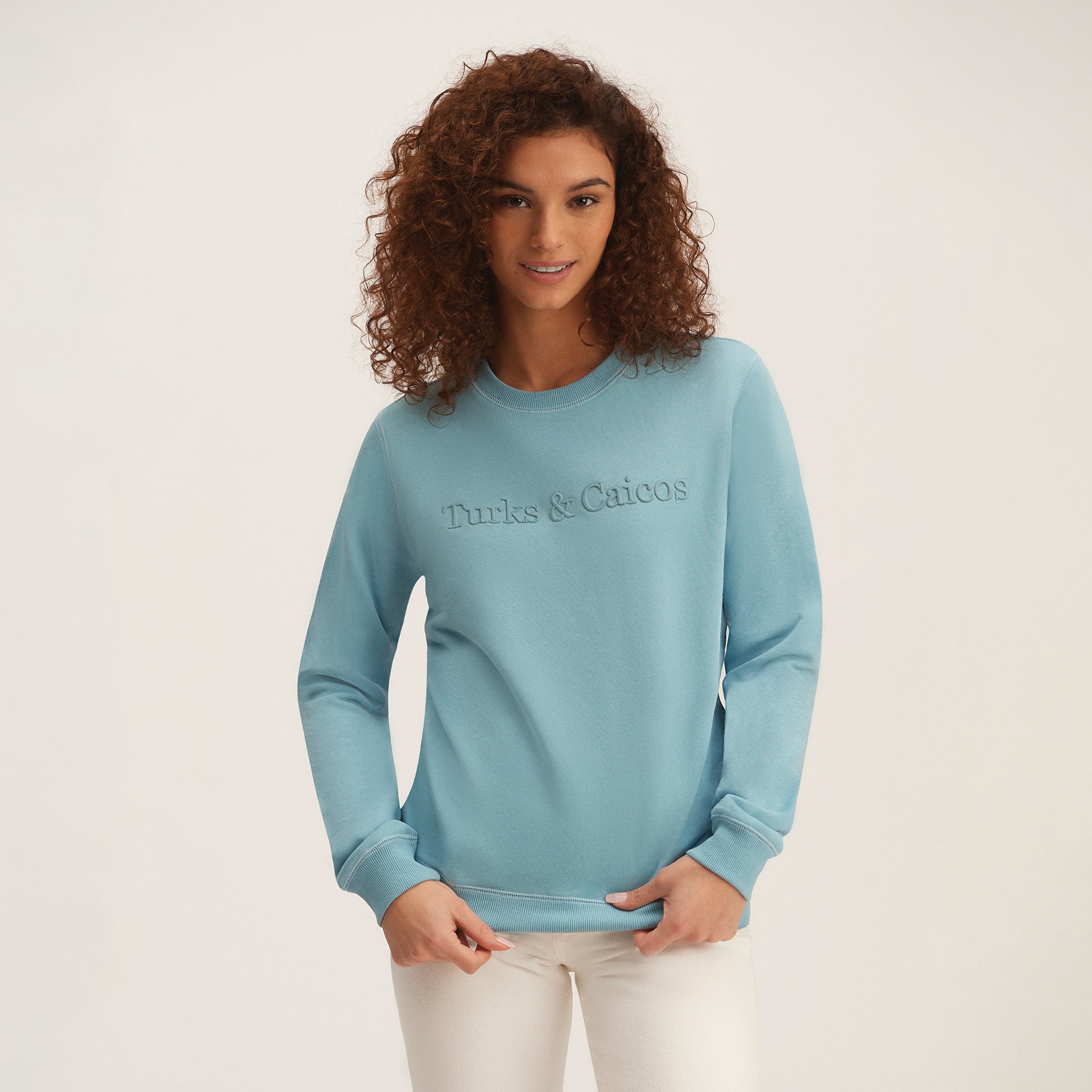 OKAICOS Blue Embroidered Crewneck Cotton Sweatshirt Embroidered Turks And Caicos Front