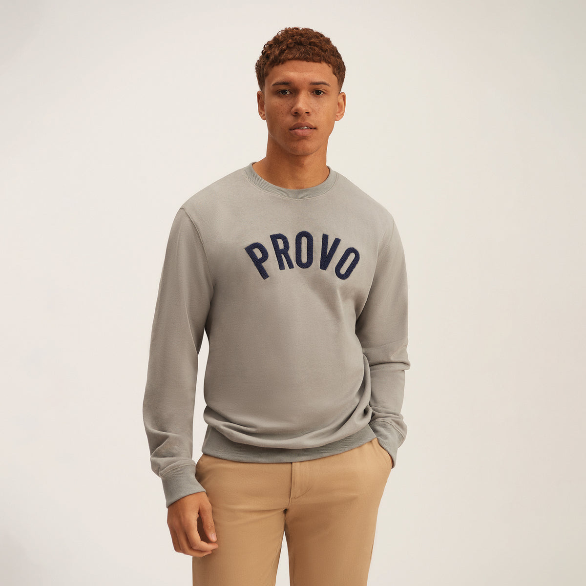 OKAICOS Grey Chenille Embroidered Crewneck Cotton Sweatshirt Embroidered Provo Turks And Caicos Front