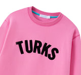 OKAICOS Hot Pink Chenille Embroidered Crewneck Cotton Sweatshirt Embroidered Turks And Caicos Close Up