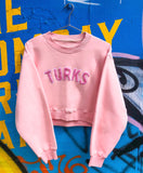 Pink Chenille Embroidered Crew Neck Cotton Sweatshirt Embroidered Turks And Caicos Crop Top