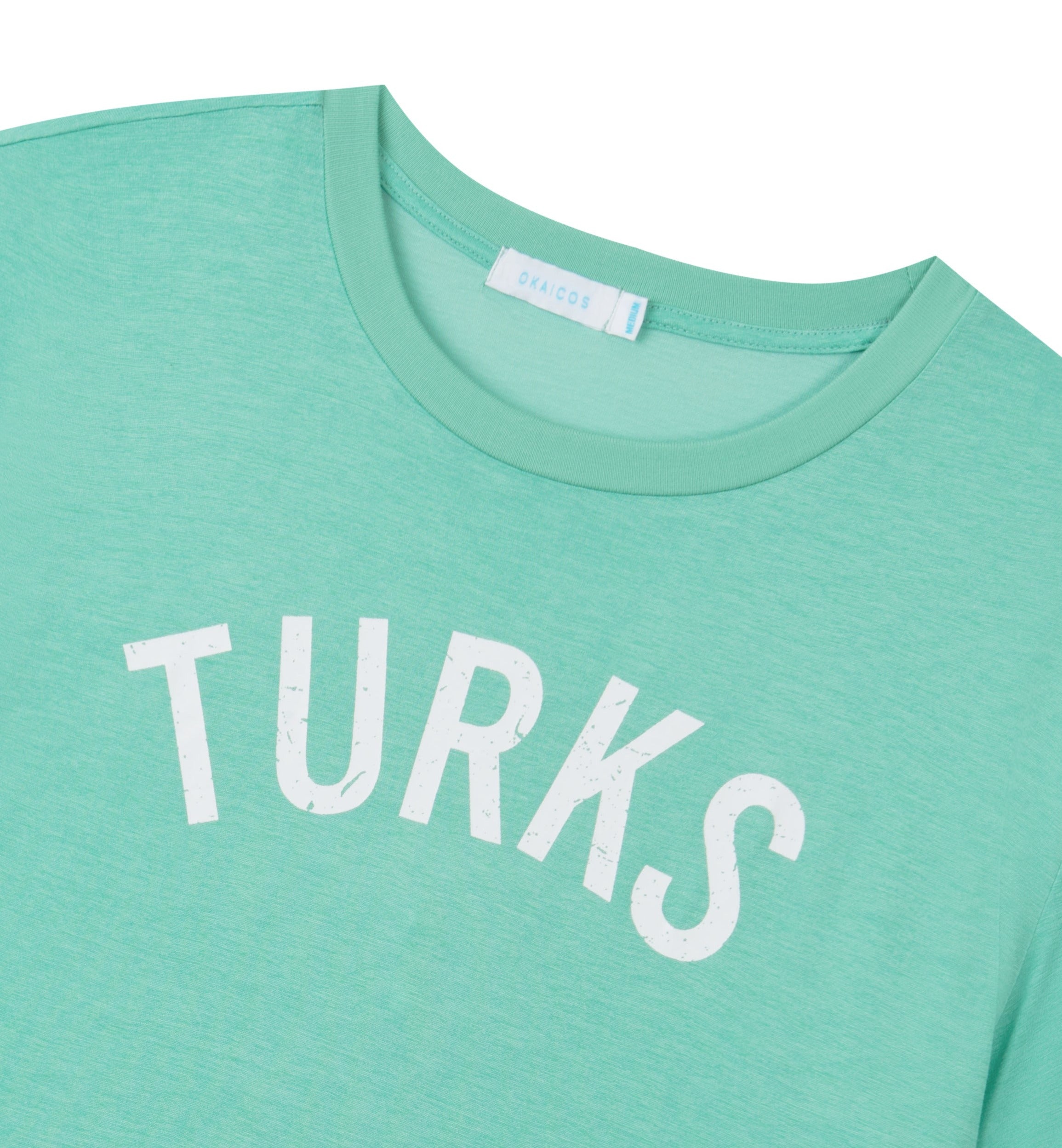 OKAICOS Seafoam Lightweight Breathable TShirt White Turks and Caicos Vintage Print Close Up