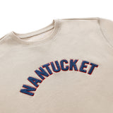 Tan Chenille Embroidered Crew Neck Cotton Sweatshirt Embroidered Nantucket Flat-lay Close Up