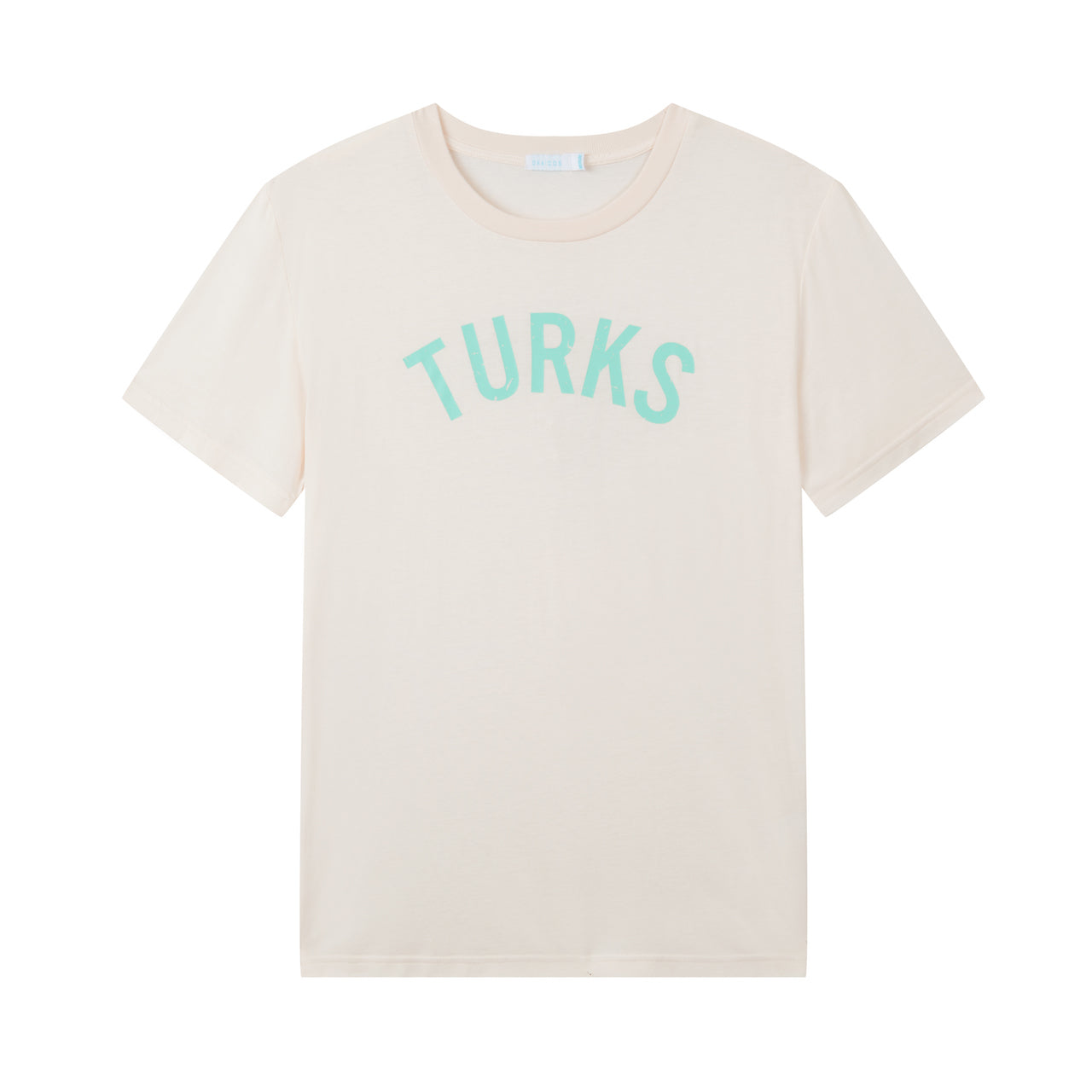 OKAICOS Tan Lightweight Breathable T-Shirt Teal Turks and Caicos Vintage Print Flat Lay