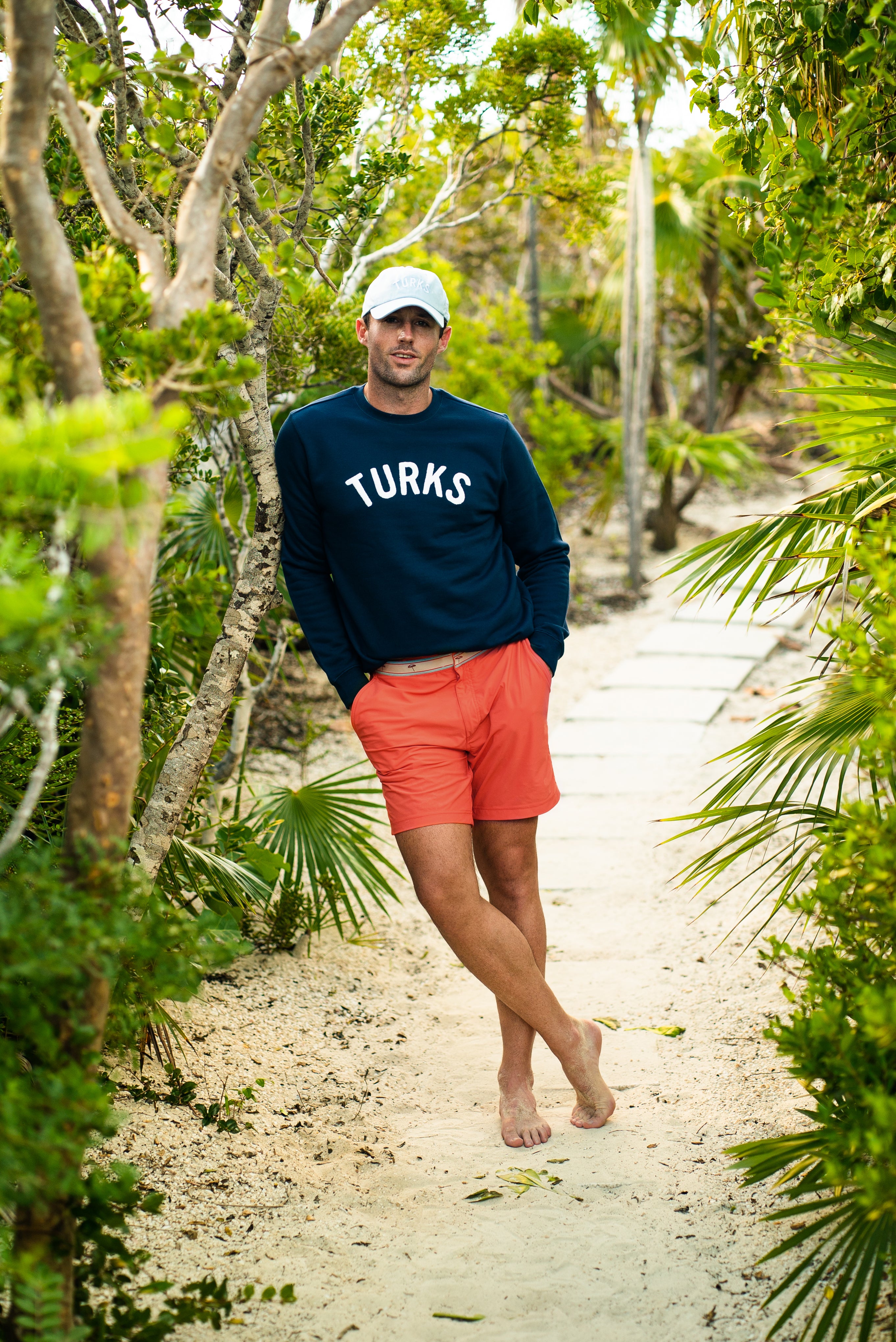 OKAICOS Navy Chenille Embroidered Crewneck Cotton Sweatshirt Embroidered Turks And Caicos On Model