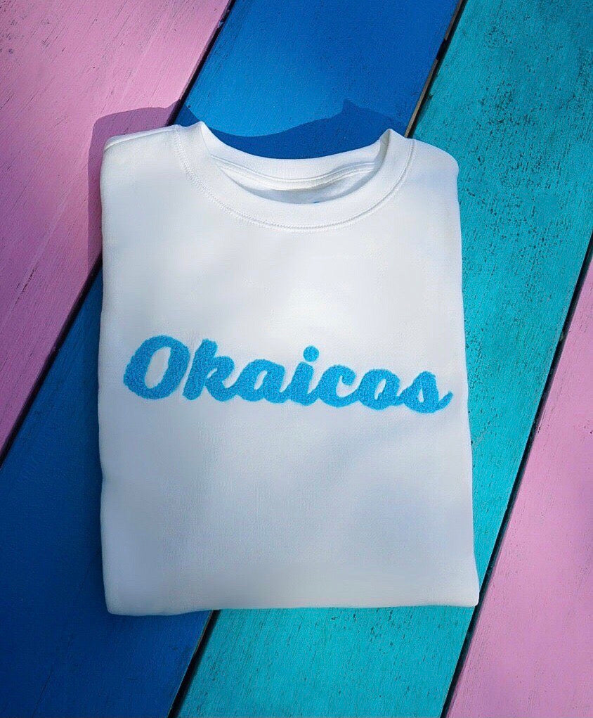 White Chenille Embroidered Crewneck Cotton Sweatshirt Embroidered Turks And Caicos Caribbean Colors
