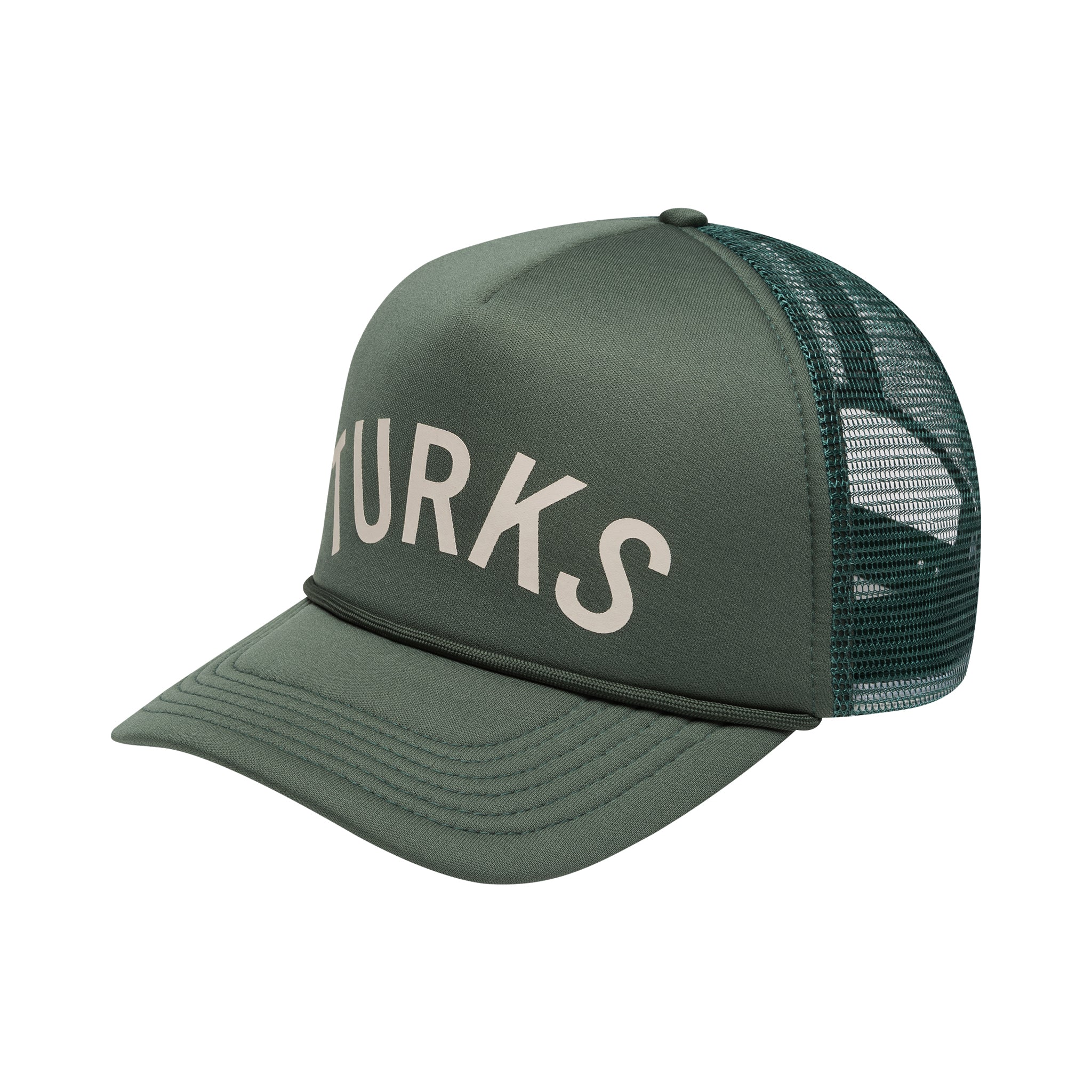 Green trucker cap with 'TURKS' text on a white background