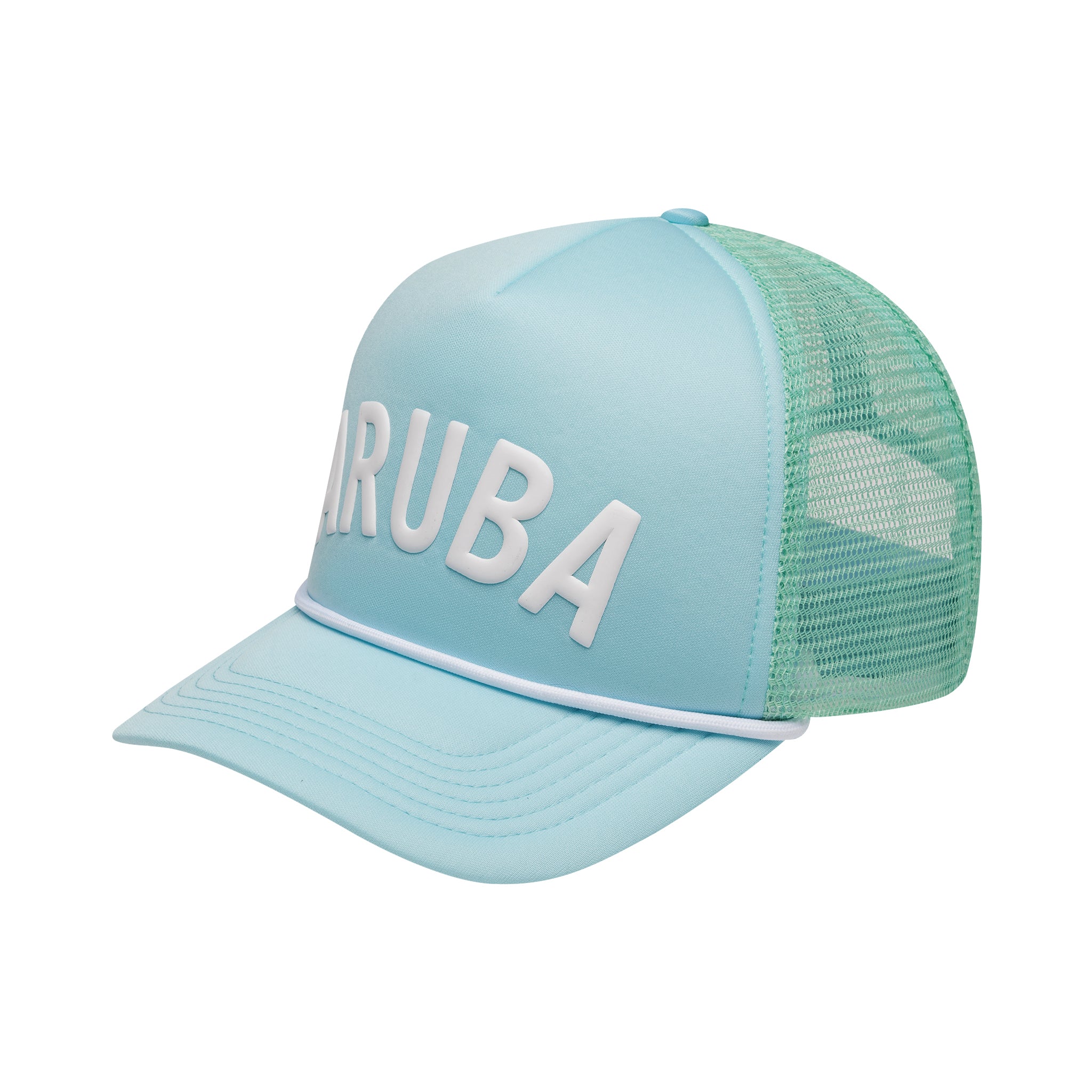 OKAICOS Baby Blue Aruba Trucker Hat Turks White Print Front View