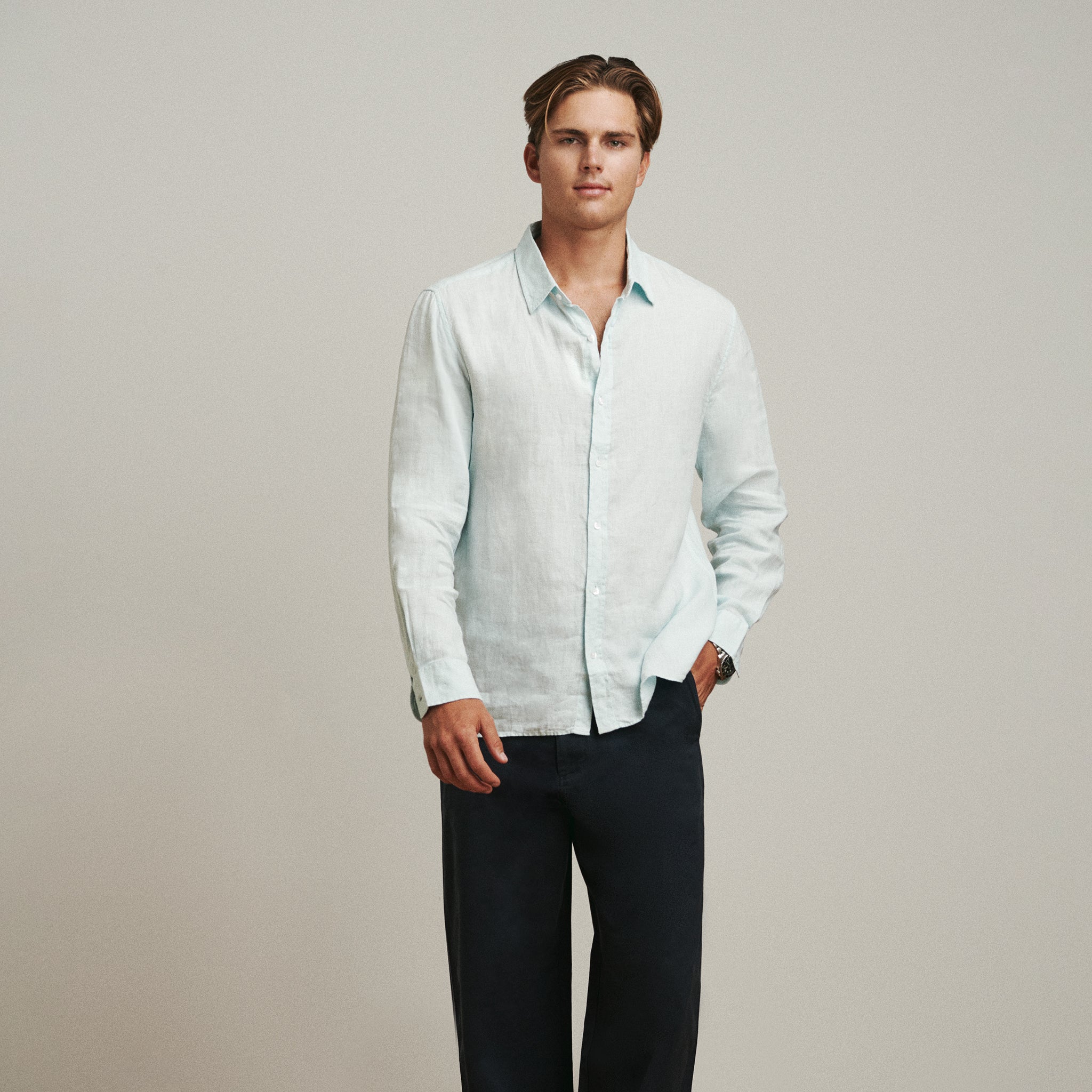 OKAICOS Baby Blue Linen Button Down Shirt Unisex