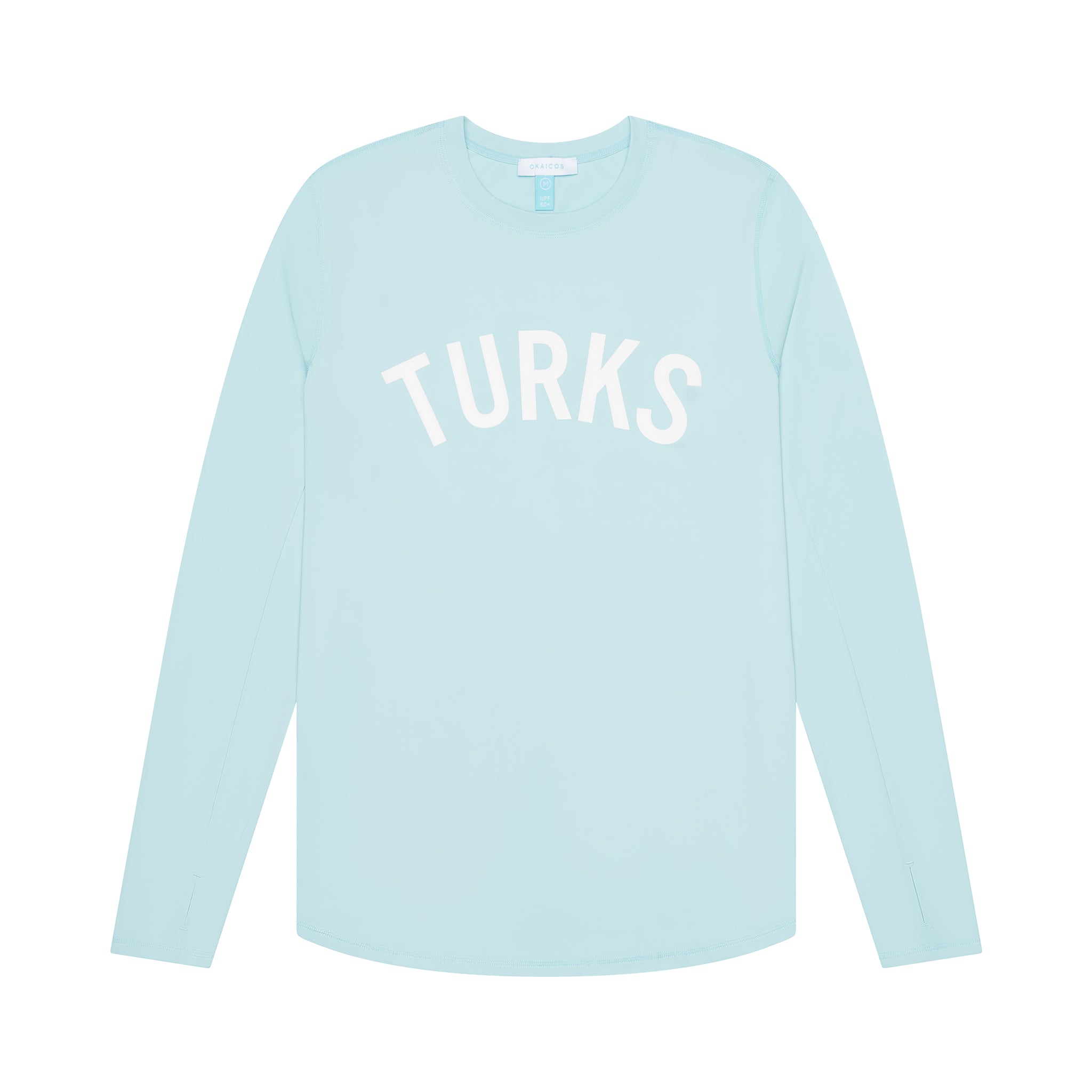 Light blue long-sleeve shirt with 'TURKS' printed on it against a white background