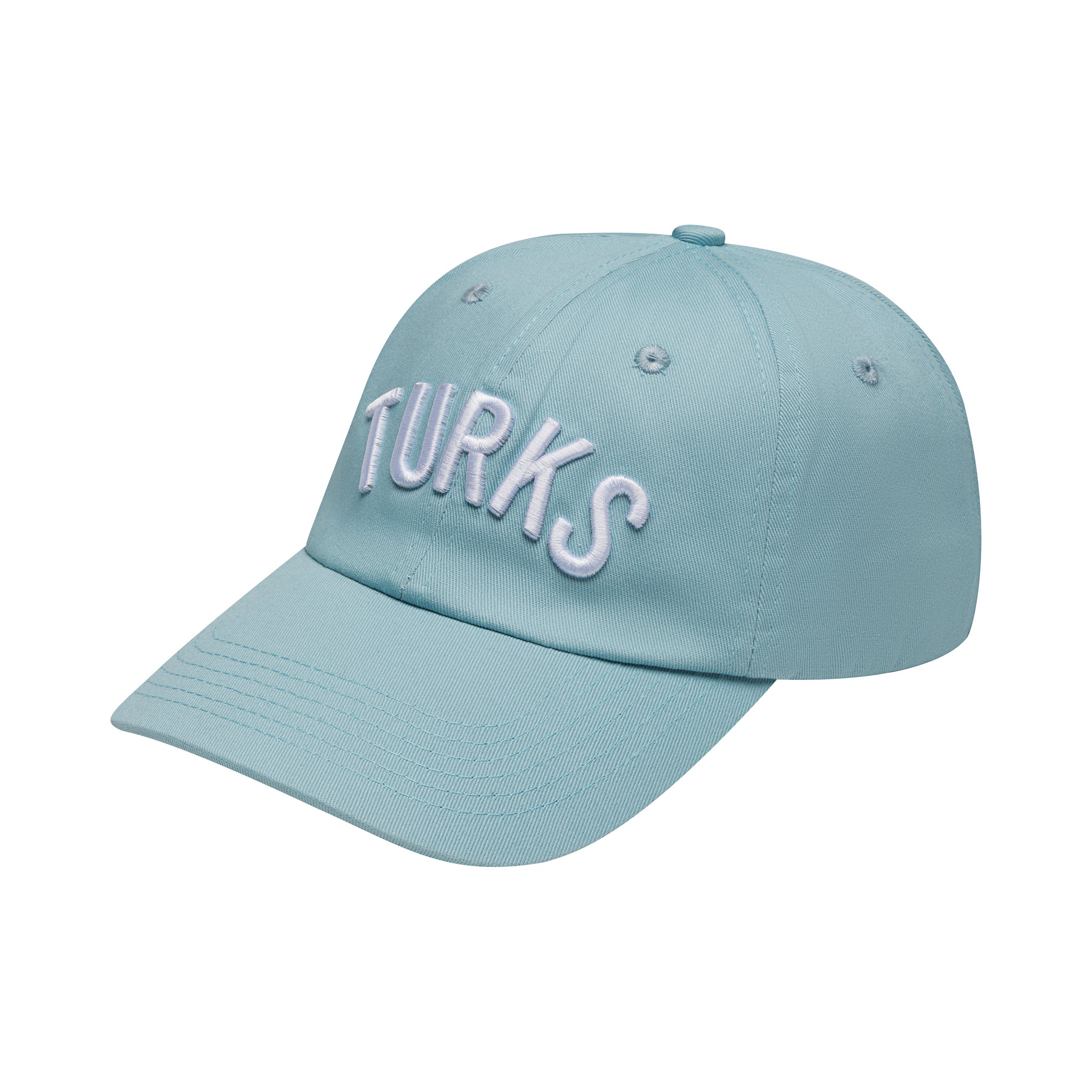 Light blue cap with 'TURKS' text on a white background