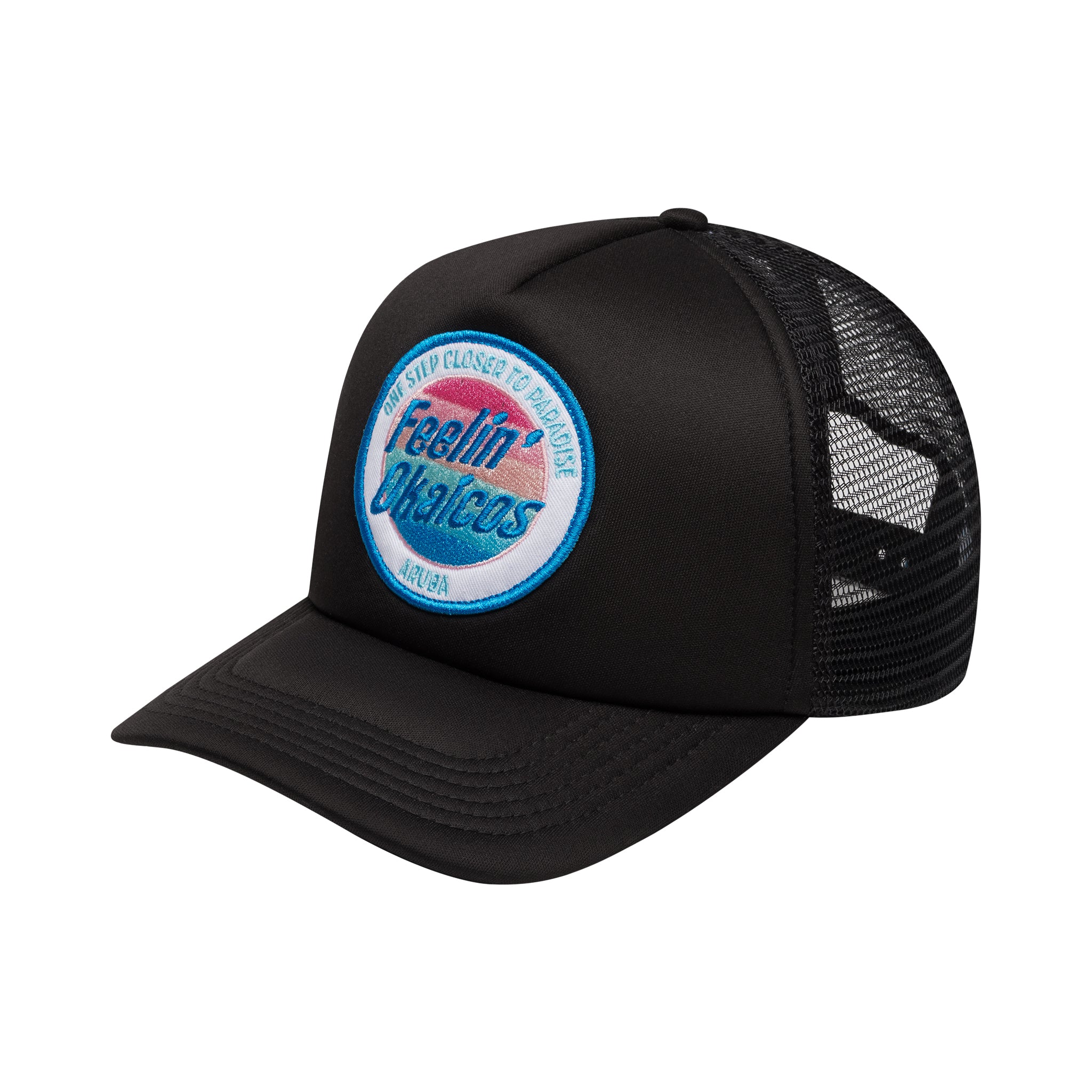 Black trucker cap with a colorful patch on a white background
