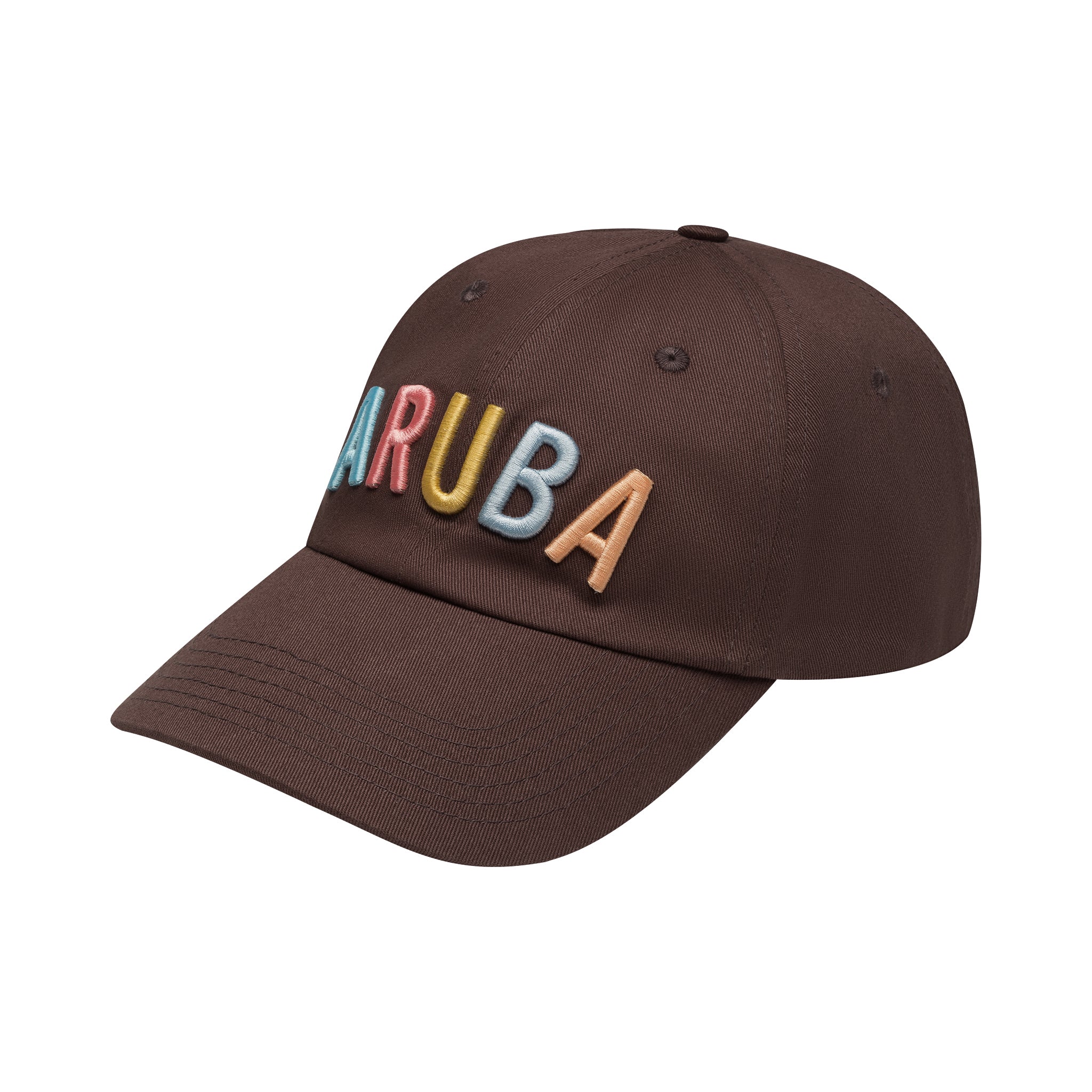 Brown cap with 'ARUBA' in colorful letters on a white background
