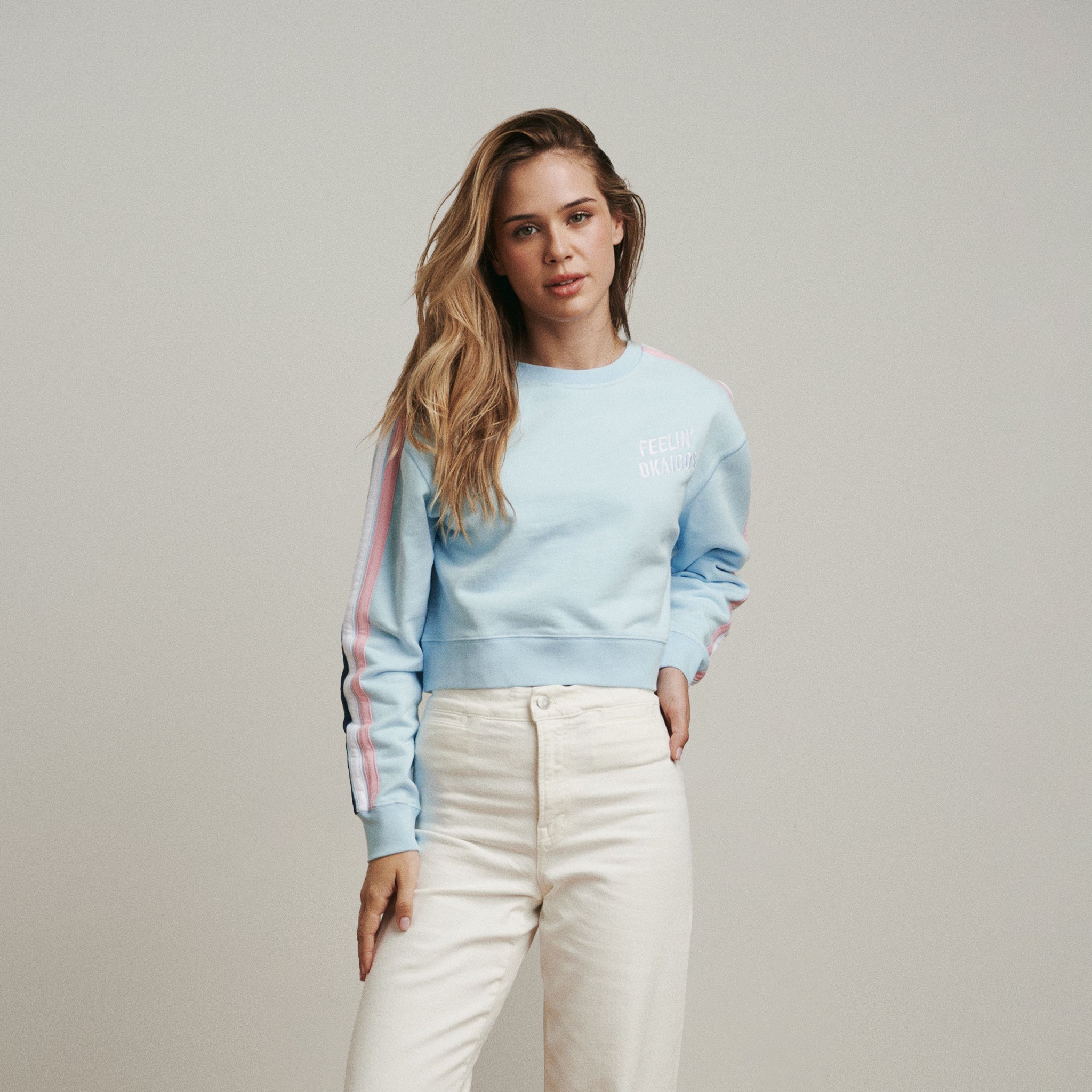 OKAICOS Denim Blue Embroidered Crop Top Cotton Sweatshirt