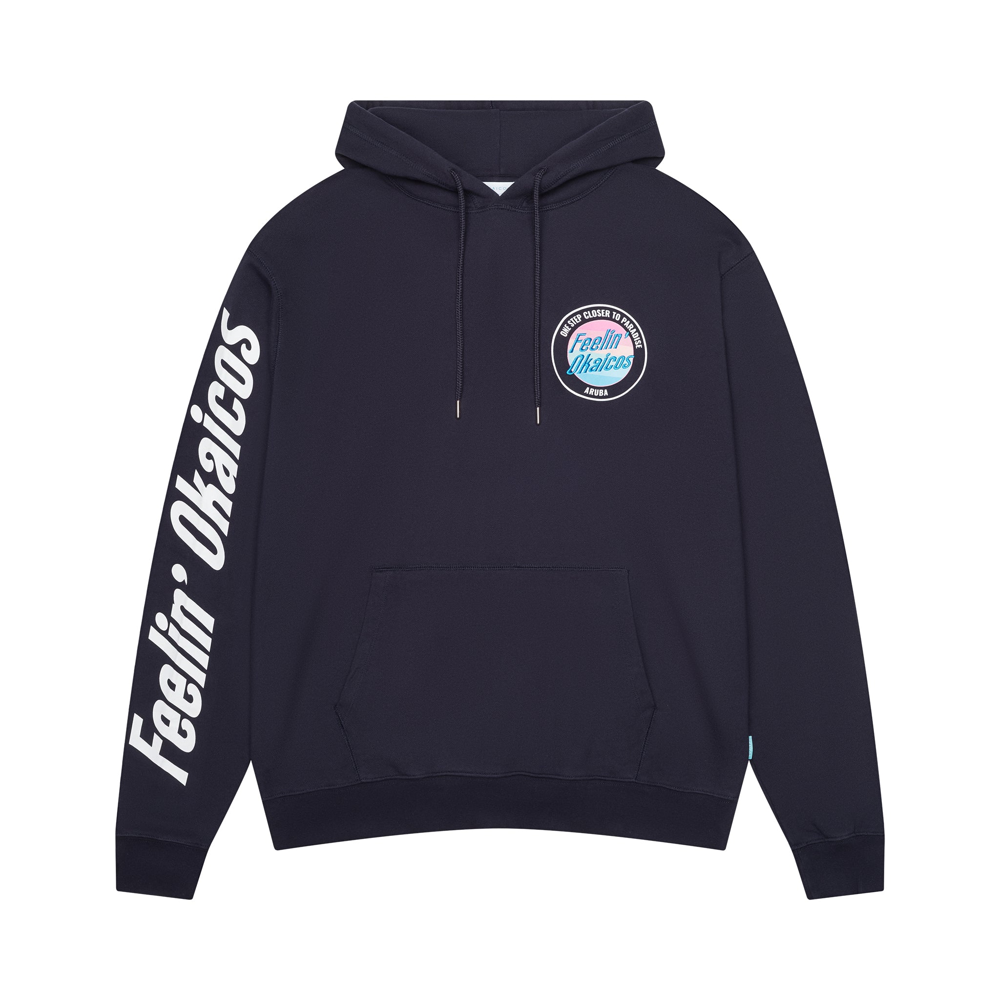 Black hoodie with 'Feelin' Okies' text and logo on a white background