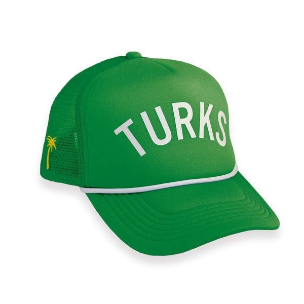 OKAICOS Green Turks and Caicos Trucker Hat Turks White Print Front View