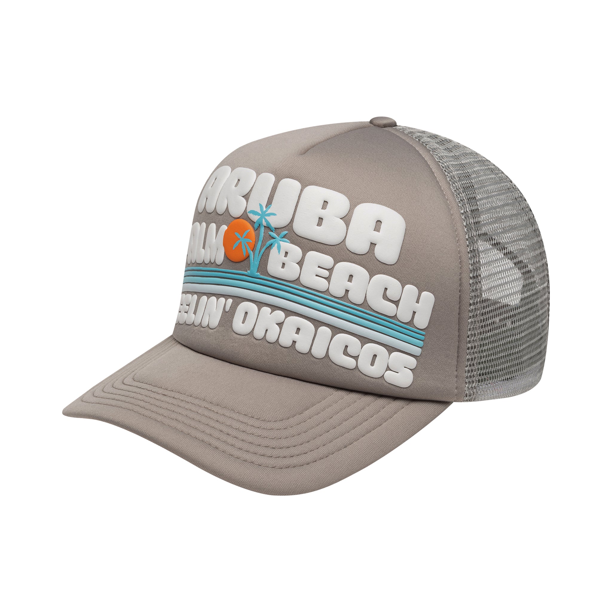 Beige cap with text and graphics on a white background