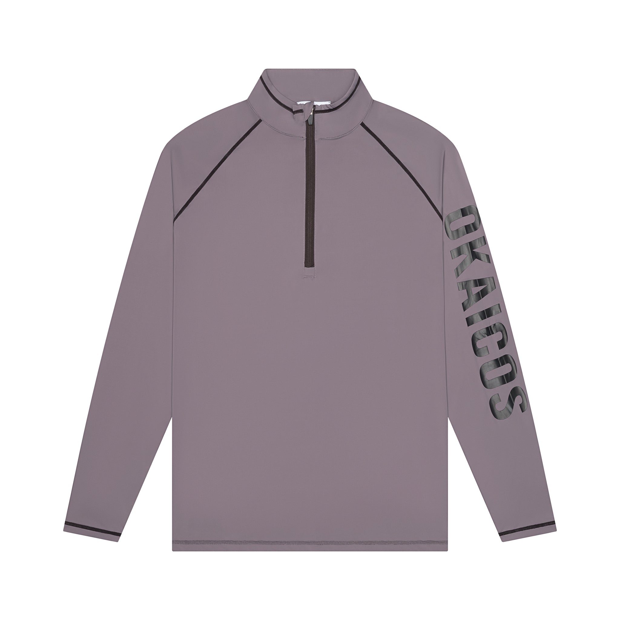 Gray long-sleeve athletic shirt with a brand logo on sleeve against a white background