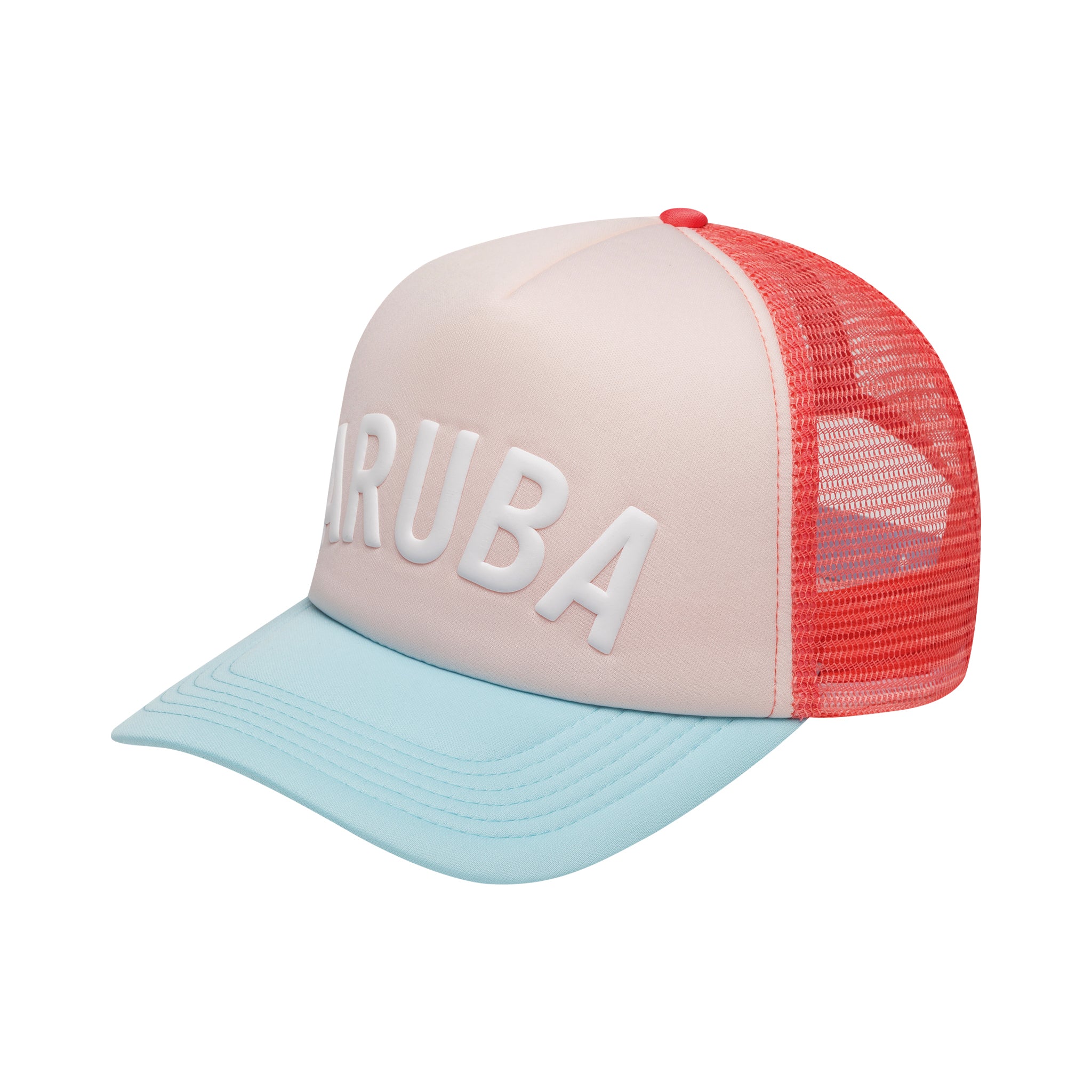Trucker hat with 'Aruba' text on a white background