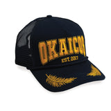OKAICOS Navy Gold Palm Trucker Hat Turks and Caicos Front
