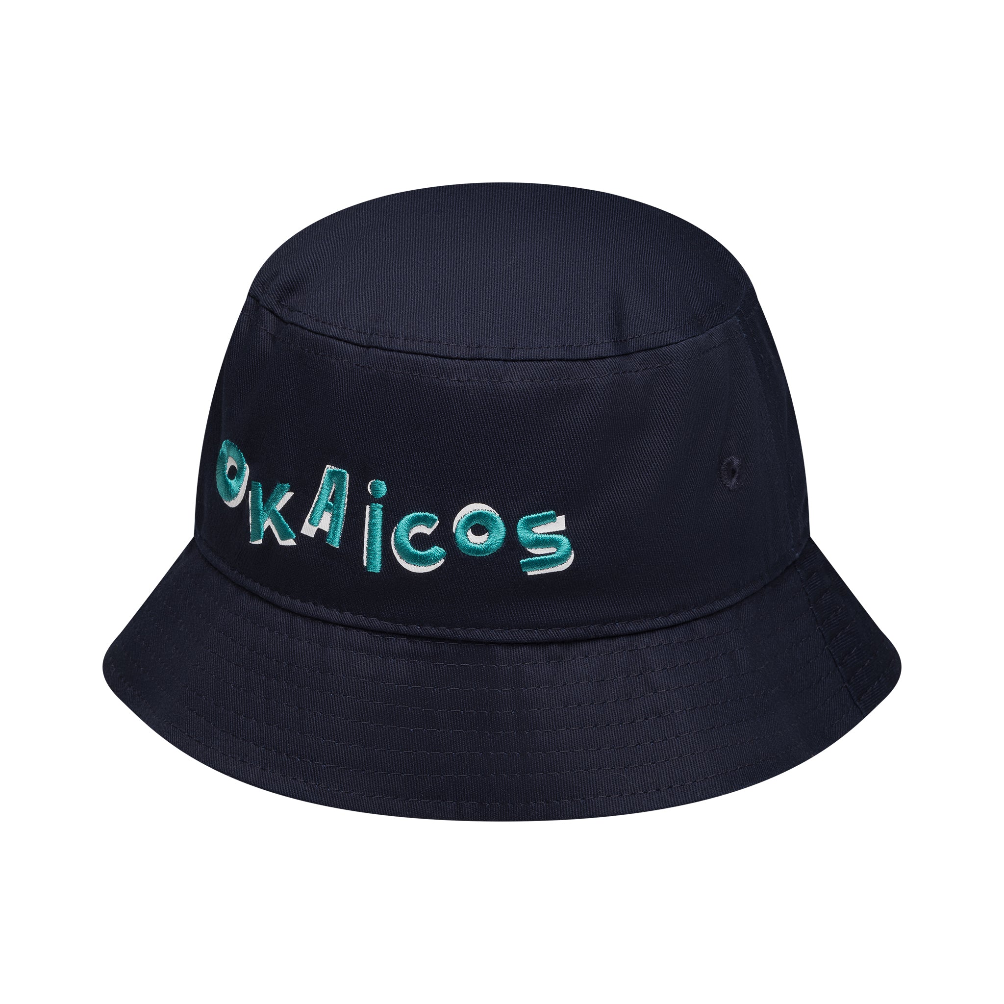 Black bucket hat with 'OKAICOS' text on a white background