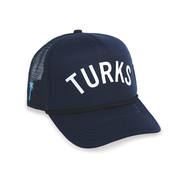 OKAICOS Navy Turks and Caicos Trucker Hat Turks White Print Front View
